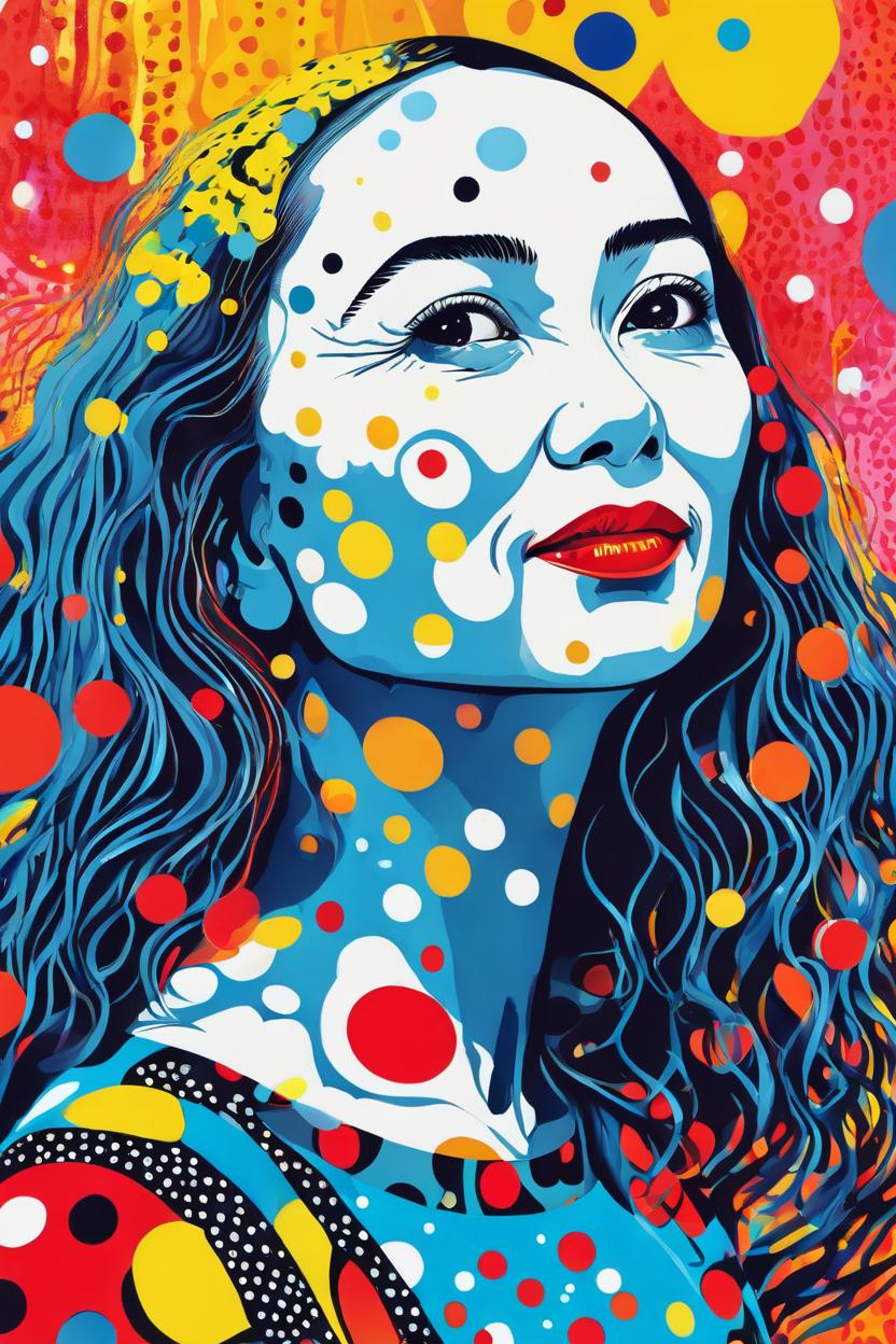 Artificial Intelligence (AI) generated image art, ..., illustration  by Yayoi Kusama, vibrant colors, aesthetic, portrait, abstract background, artwork