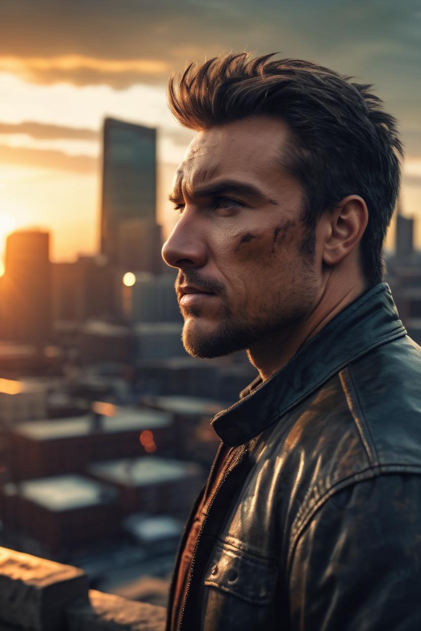 Artificial Intelligence (AI) generated image art, as a model, rugged, portrait looking away, city background, epic, cinematic lighting, sunset, 4k, sharp focus, art by greg rutkowski