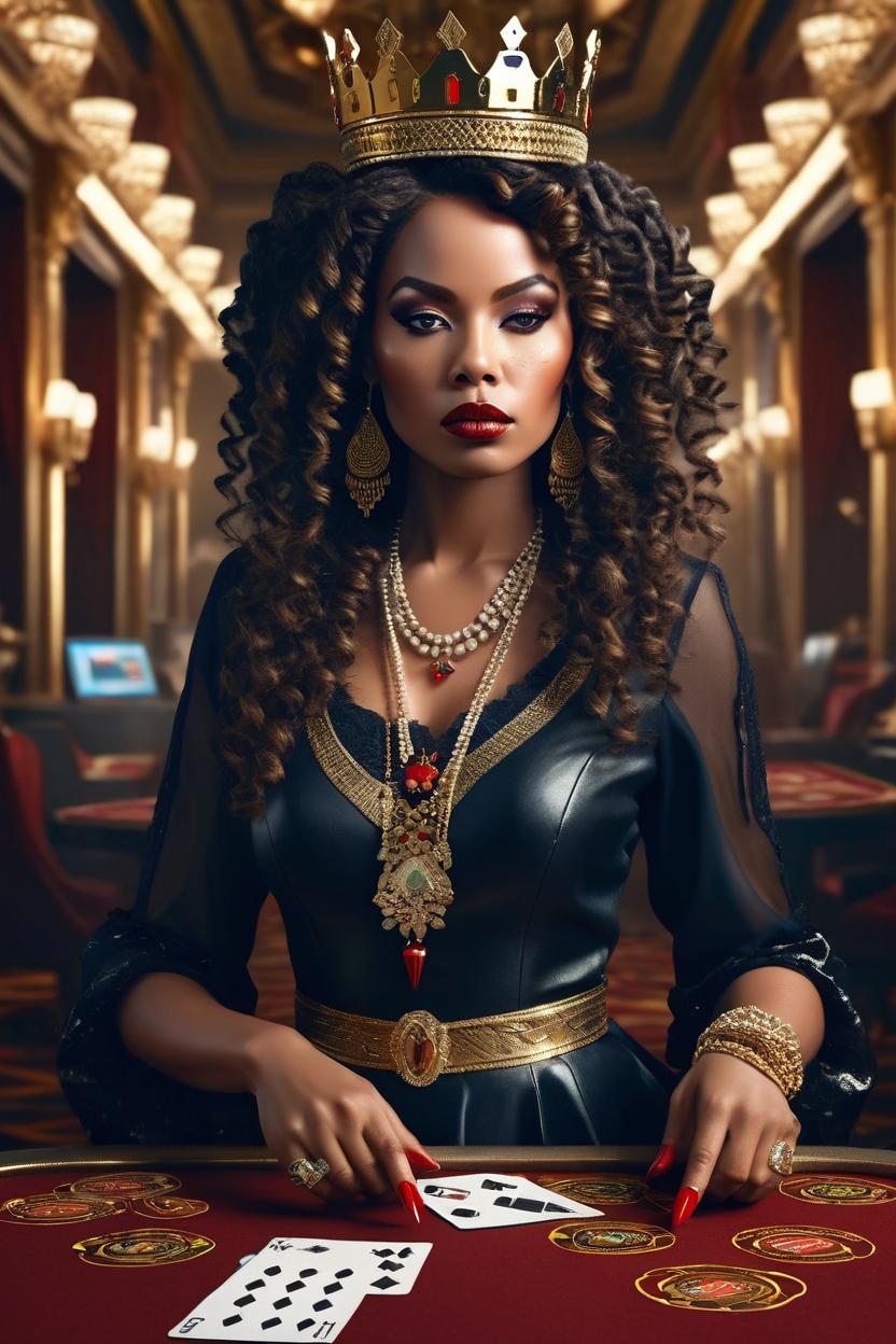 Artificial Intelligence (AI) generated image art, ..., Create a (full body long shot) 3D realistic illustration of an authoritative African American queen emerging from a queen of spades playing card. She\'s depicted in a direct front view, highlighting her regal demeanor. Her skin is café au lait, and curly hair frames a serene, expressionless face. She sports vivid red shoes and black lacquered nails. The background is a chaotic yet opulent scene with randomly scattered playing cards, diamonds, and gold coins, reflecting the richness of her realm. She wears a detailed gold crown with spade motifs, enhancing her royal status. The lighting focuses on her, using soft, dramatic beams to create a vivid outline that emphasizes her stature and the textures of her attire