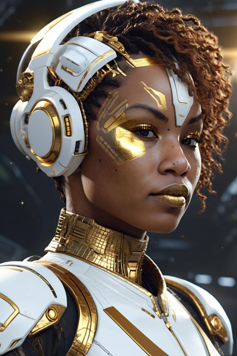 Artificial Intelligence (AI) generated image art, ..., afrofuturism, female in white and gold, in the style of hyper-realistic sci-fi, 3d game art, celestialpunk.