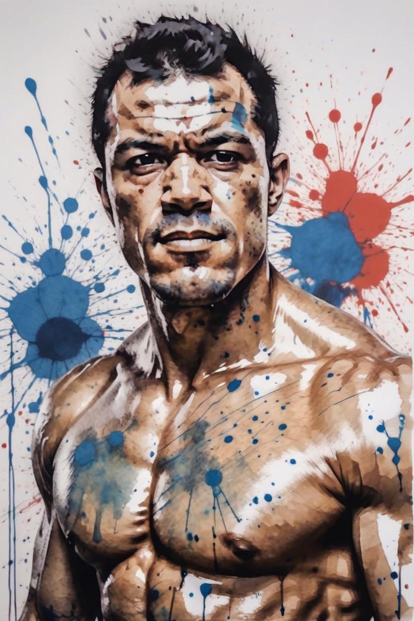 Artificial Intelligence (AI) generated image art, handsome portrait and torso of beautiful boxer ..., give space above the head, (coloured ink drawing), paint splashes, splatter, outrun, ((art by yoji shinkawa))