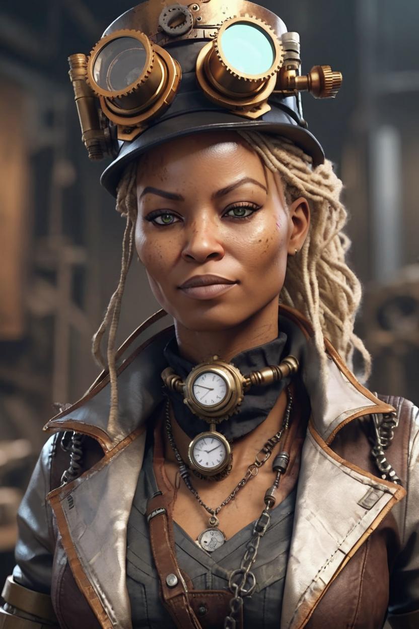 Artificial Intelligence (AI) generated image art, ..., character concept art of a steampunk woman engineer | | blonde, art toy, unmanned, unreal engine. art by Artgerm and Greg Rutkowski