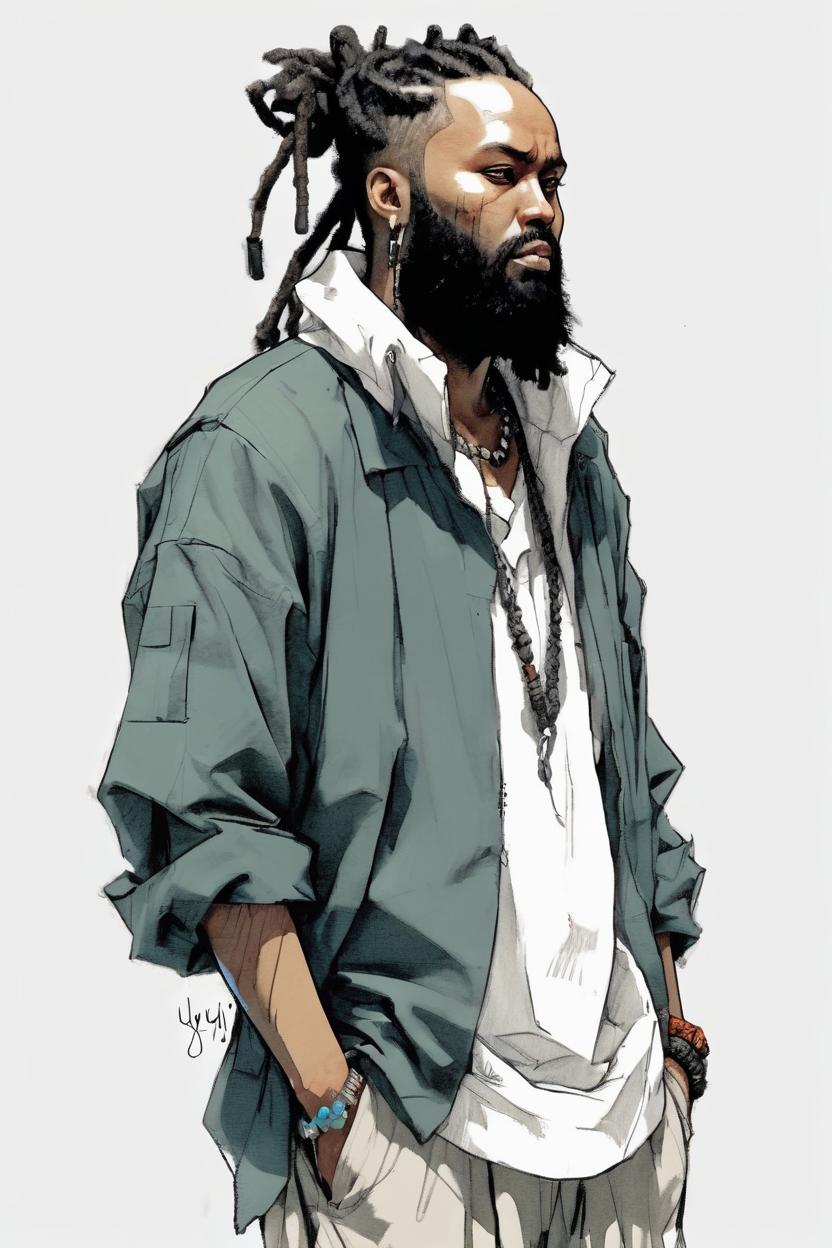 Artificial Intelligence (AI) generated image art, character design, unfinished pencil sketch, ample body, big full beard, dreadlocks in a bun, baggy clothes, concept design sheet, white background, style of yoji shinkawa, side view, full body portrait,