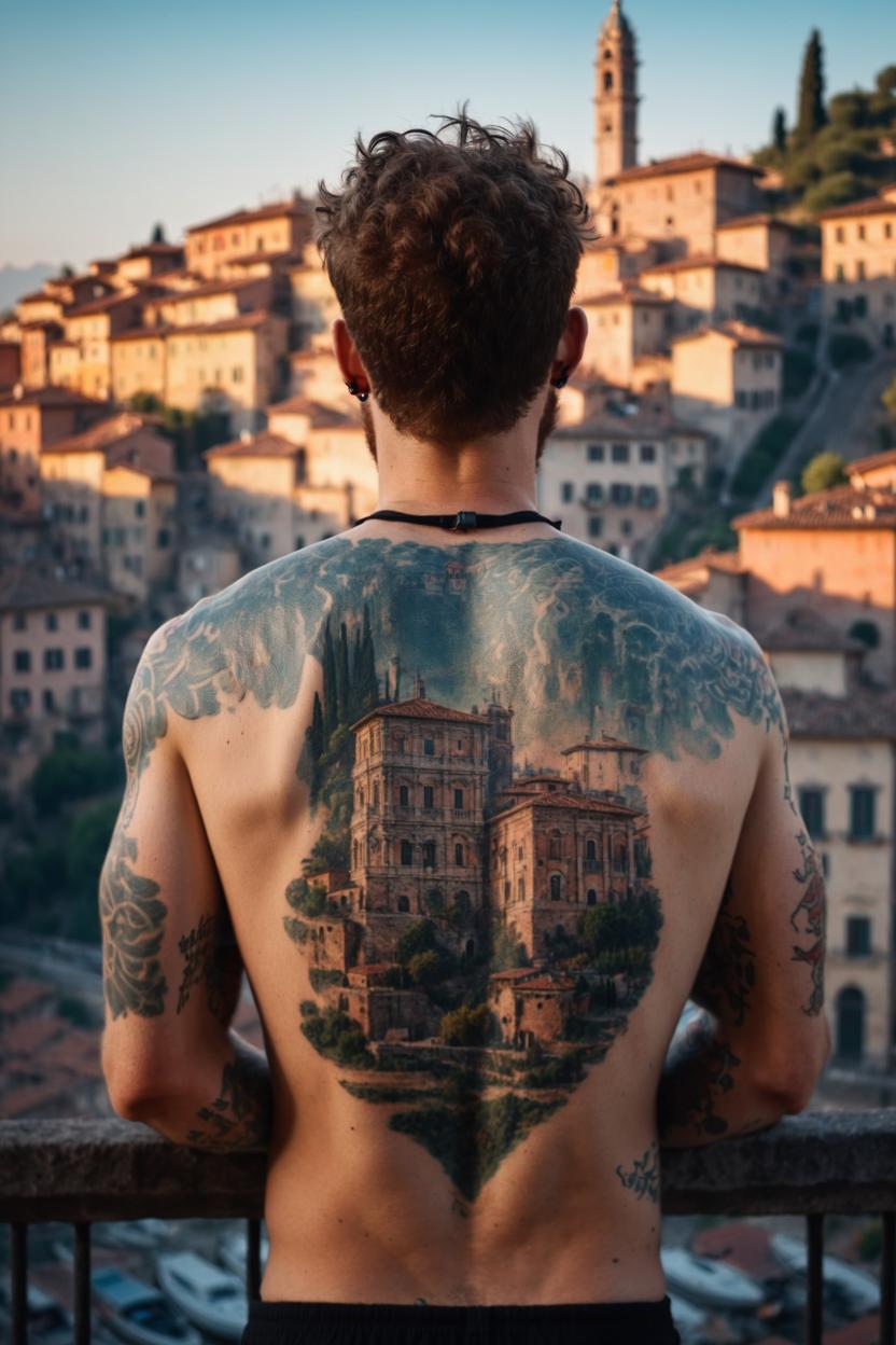 Artificial Intelligence (AI) generated image art, photo of ... with a tattoo viewed from behind, looking over a beautiful italian city, morning, stunning lighting