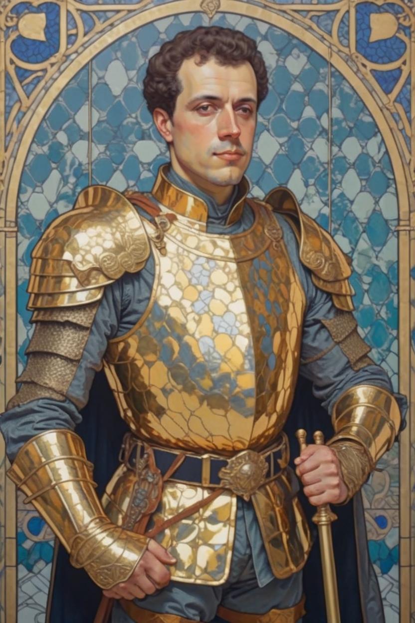 Artificial Intelligence (AI) generated image art, (...), portrait, artwork by Ivan Bilibin, Art Nouveau, as a memlouk knight in golden armor a cimitar in hand