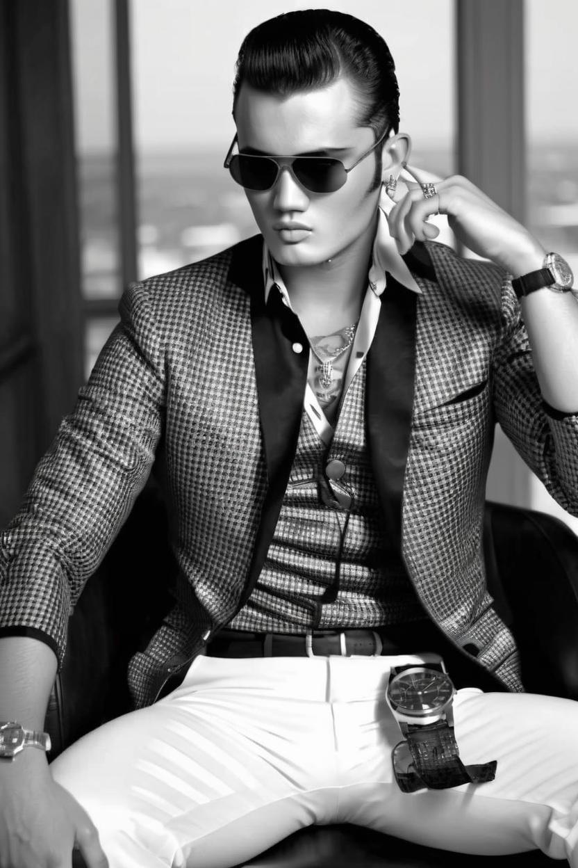 Artificial Intelligence (AI) generated image art, ..., photoshoot for album, expensive black suite, Rolex gold watch, gucci sunglasses, shirt unbuttoned, sitting on chair, album cover, hair slicked back, cigarette in mouth, 50’s Elvis vibe, black and white, modeling
