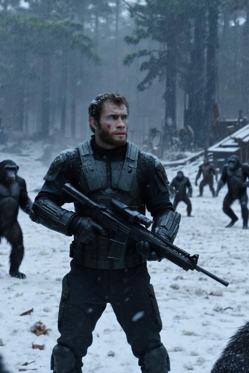 Artificial Intelligence (AI) generated image art, ..., as Ceasar, First Standoff Scene, DAWN OF THE PLANET OF THE APES (2014), during a snowstorm, with a gun, monkeys in the background