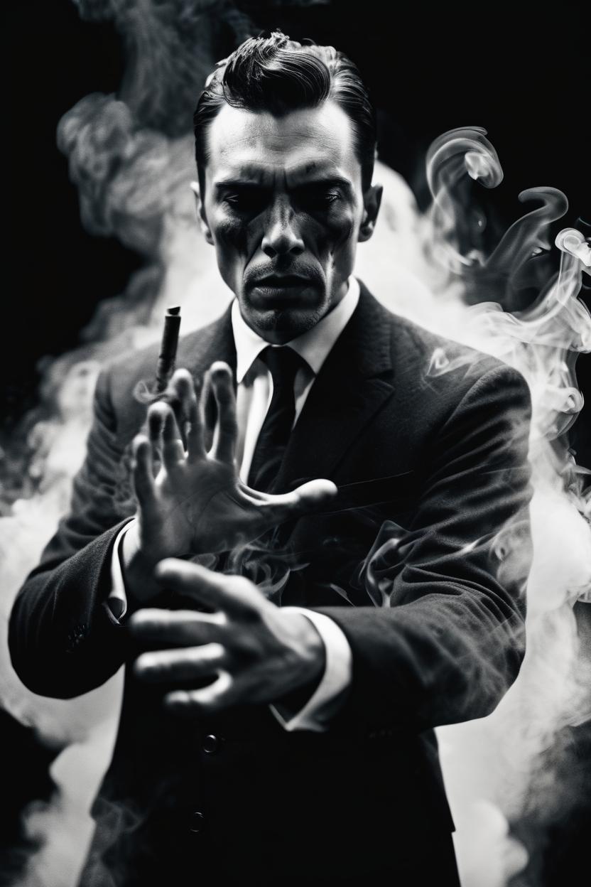 Artificial Intelligence (AI) generated image art, ..., mysterious scene of an enraged man, detailed smoke, natural skin, innocence, sophisticated hands noir, german expressionism, 20 century photography, old 35mm double-exposure photo, award-winning photography, grainy, cinematic, atmospheric, high contrasted, eerie, sophisticated and unsearchable masterpiece, deep shadows, balanced composition, depth of field, ambient occlusion, motion blur, HD, intricate details, sharp focus, natural textures, long exposure