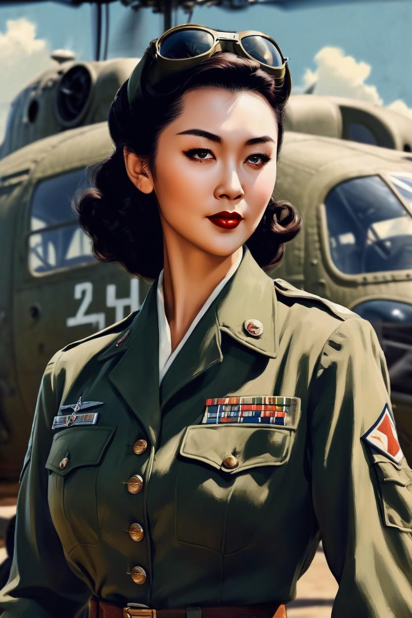 Artificial Intelligence (AI) generated image art, ..., portrait), ((((full body)))), 1940s WAC, army, adventure, pulp novel, WWII propaganda, art by Greg Rutkowsi, highly detailed, sharp focus, 4k, black hawk helicopter background