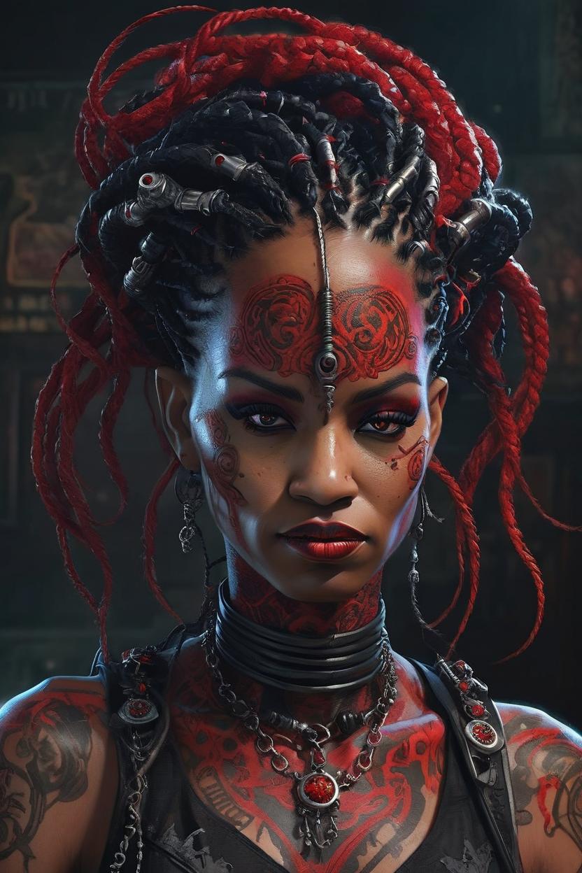 Artificial Intelligence (AI) generated image art, ..., An intricately decorated Gothic Gargon Medusa representing a fusion of Cybergothic, Midwestern Gothic, Nu-Gothic and Suburban Gothic styles. Her body is covered in red threads, organic body art, and a mixture of dark, mysterious influences. This vibrant image of Jinx is a hyper-realistic digital painting that showcases every detail of her meticulously crafted and darkly enchanting appearance. The quality of the work is exceptional, with vibrant colors, intricate textures and immersive atmosphere creating a sense of the eerie yet alluring world of this unique character.