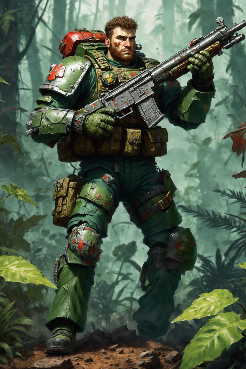 Artificial Intelligence (AI) generated image art, ..., as a Catachan jungle fighter CATACHAN JUNGLE FIGHTERS, art by Artur Nakhodkin, Warhammer 40K artwork under the category of Astra Militarum, a deathworld where even the plants are dangerous