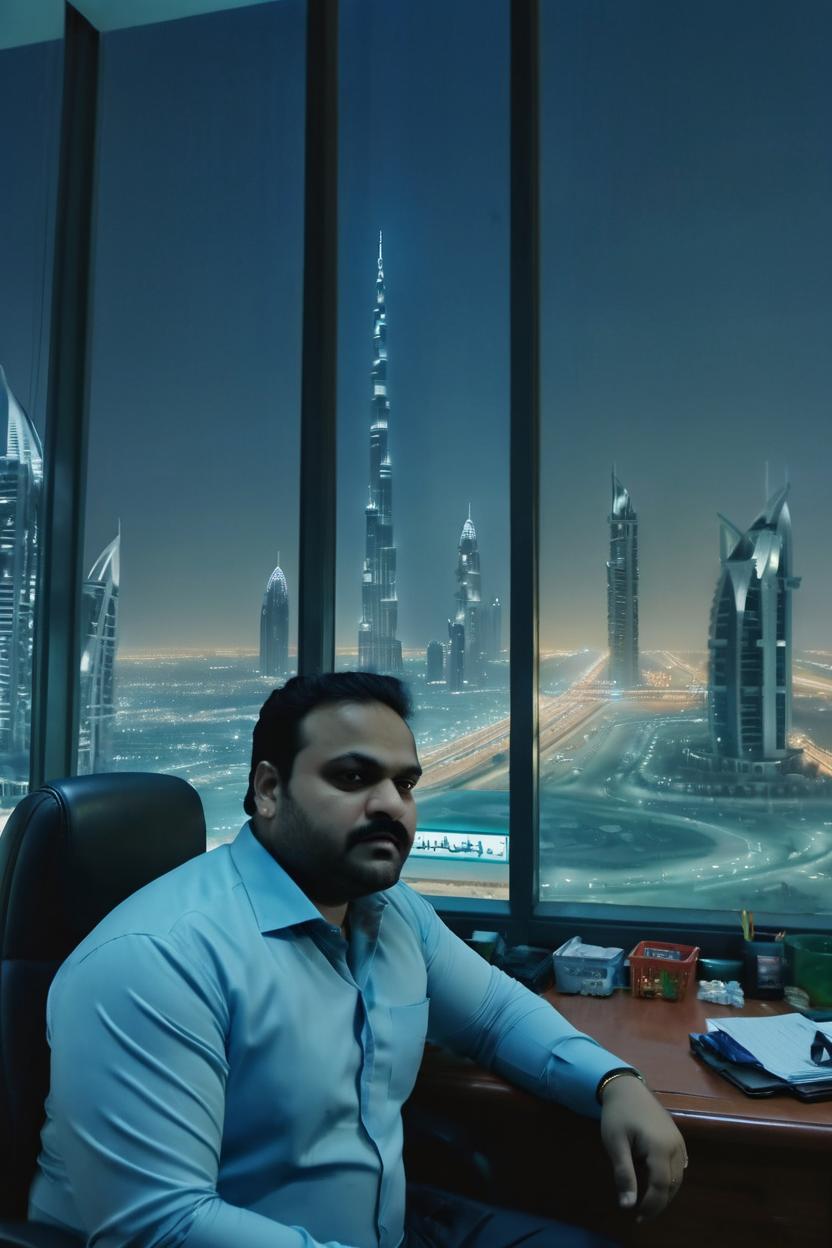 Artificial Intelligence (AI) generated image art, ..., mafia looks sitting on his office chair,  and city of dubai could be seen from window, blue hour, cinematic still, film still, don attitude