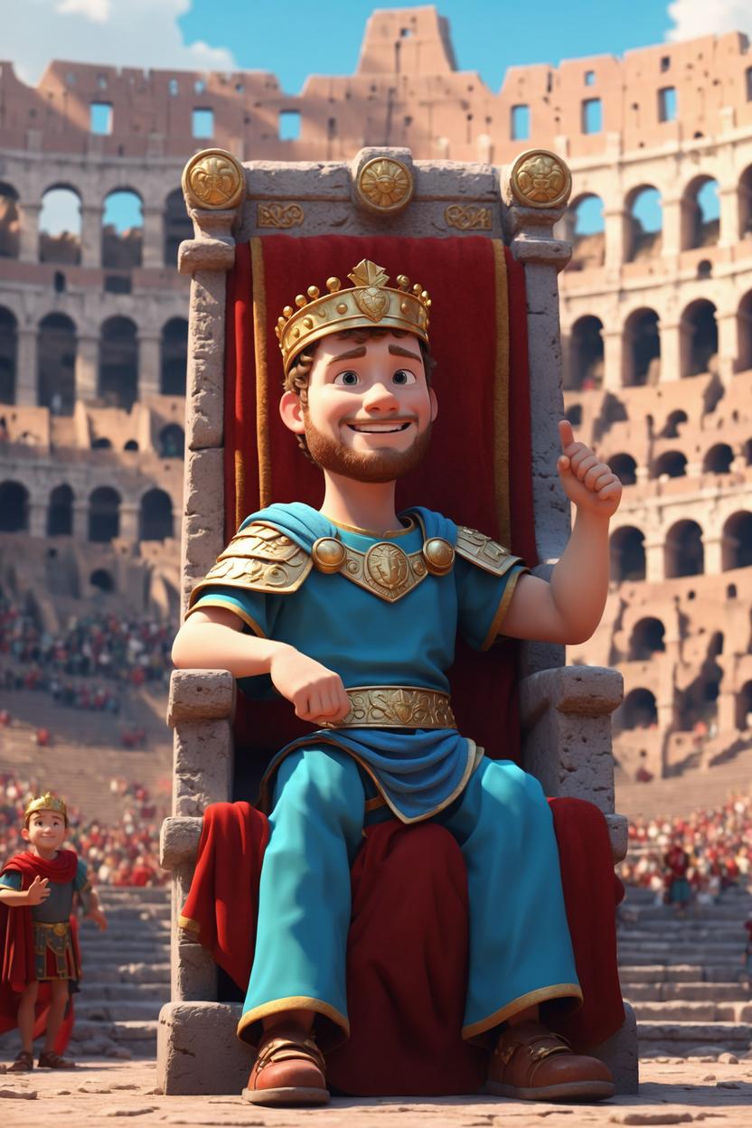 Artificial Intelligence (AI) generated image art, (disney 3d animation style), 3d animation of ..., illustration, cartoon, digital painting, as cute roman emperor, in the emperor throne in colosseum, waving to the crowd