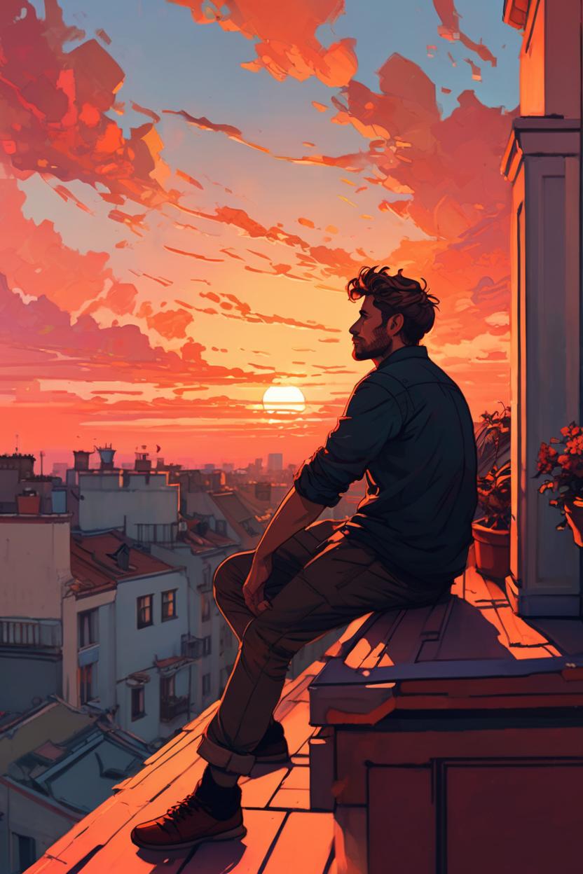 Artificial Intelligence (AI) generated image art, ..., sitting on a balcony looking out at the sunset, alphonse mucha and alena aenami, sitting on a rooftop, stunning cinematic lighting, watching the sun set. watching sunset, sits on a rooftop, red hues,
