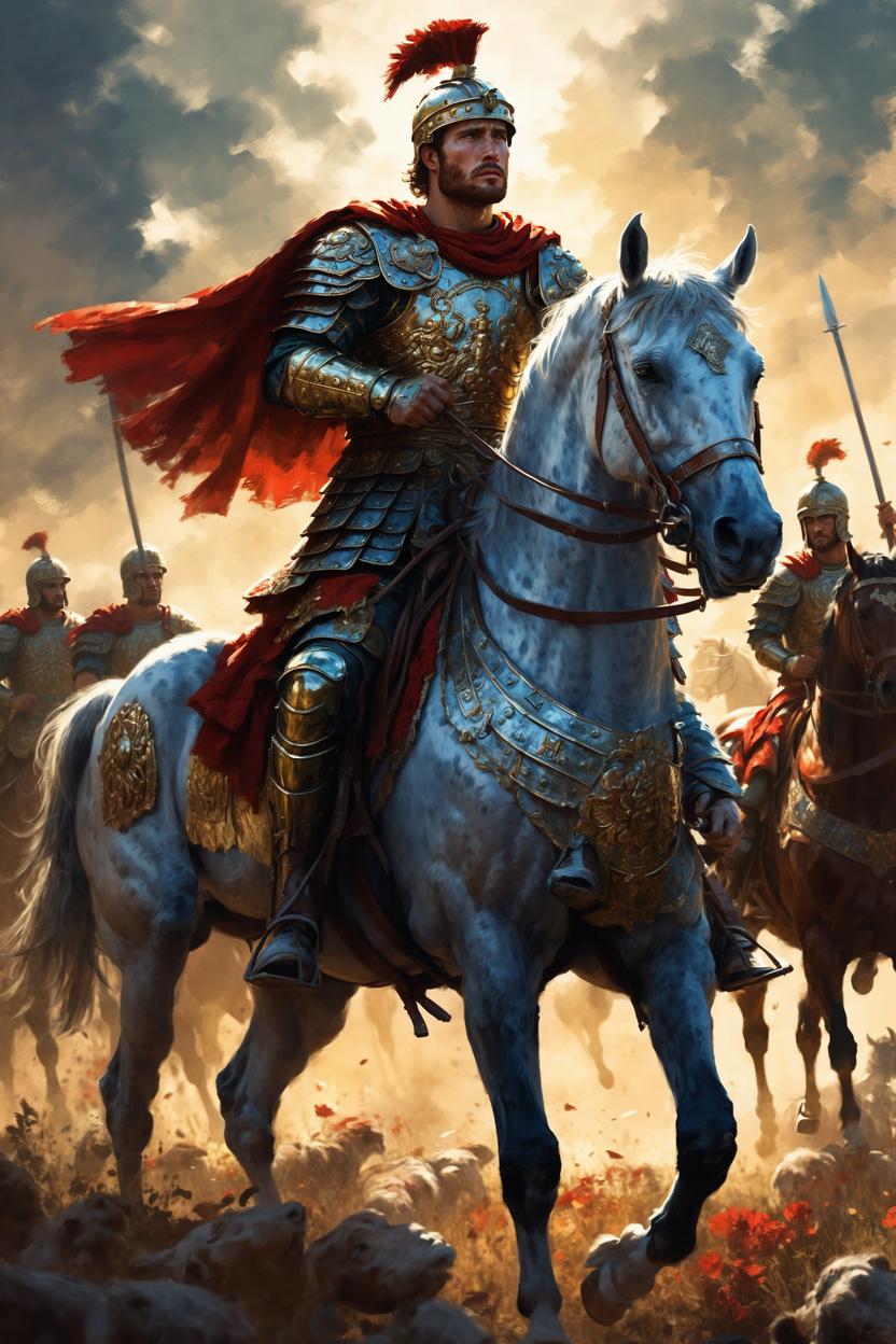 Artificial Intelligence (AI) generated image art, ..., as roman emperor, art by greg rutkowski, on horseback, in emperor armor, leading a roman army, stunning artwork, beautiful light