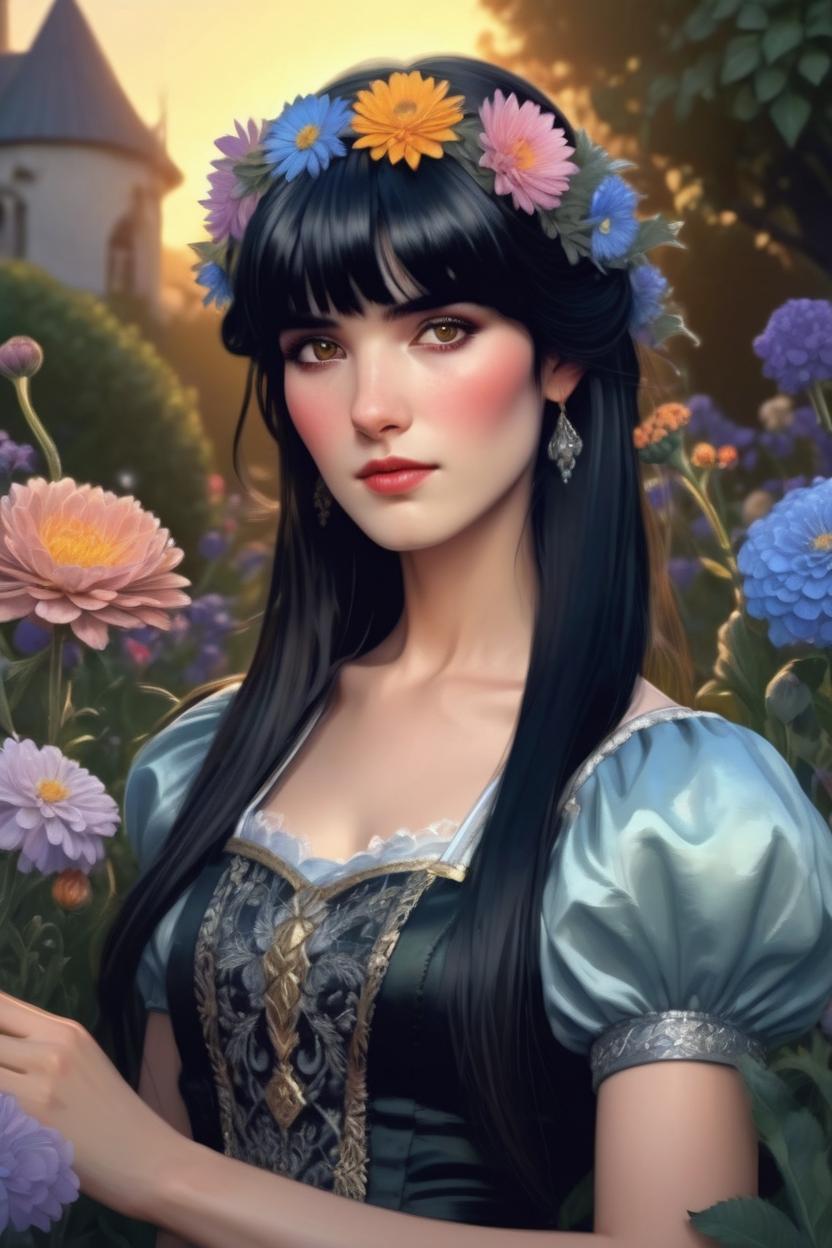 Artificial Intelligence (AI) generated image art, ..., ((portrait)), beautiful black haired fairy princess, highly detailed illustration, in a garden holding a bunch of wild flowers, deep focus, d & d, fantasy, intricate, elegant, highly detailed, digital painting, artstation, concept art, sunset, matte, sharp focus, illustration, hearthstone, art by artgerm and greg rutkowski and alphonse mucha and marco mazzoni