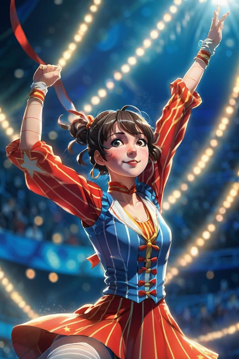 Artificial Intelligence (AI) generated image art, ..., as an anime girl, anime style, illustration, art by makoto shinkai, circus acrobat, dramatic lighting, cirque du soleil, in the air