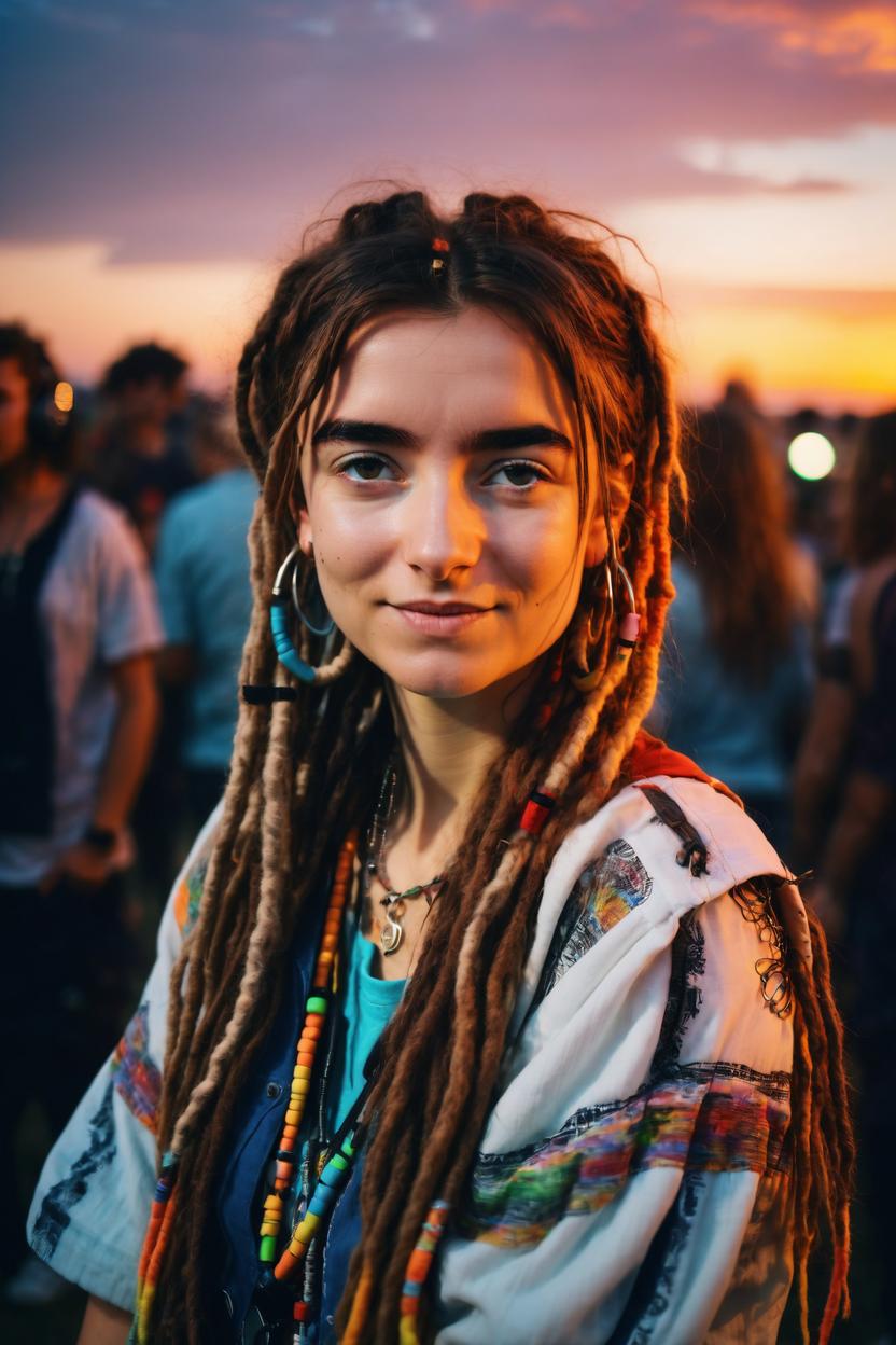 Artificial Intelligence (AI) generated image art, Beautiful ..., portrait, with coliurful dreadlocks hairstyle, hippie clothes, as a dj, in open air music event, sunset, stunning photograph
