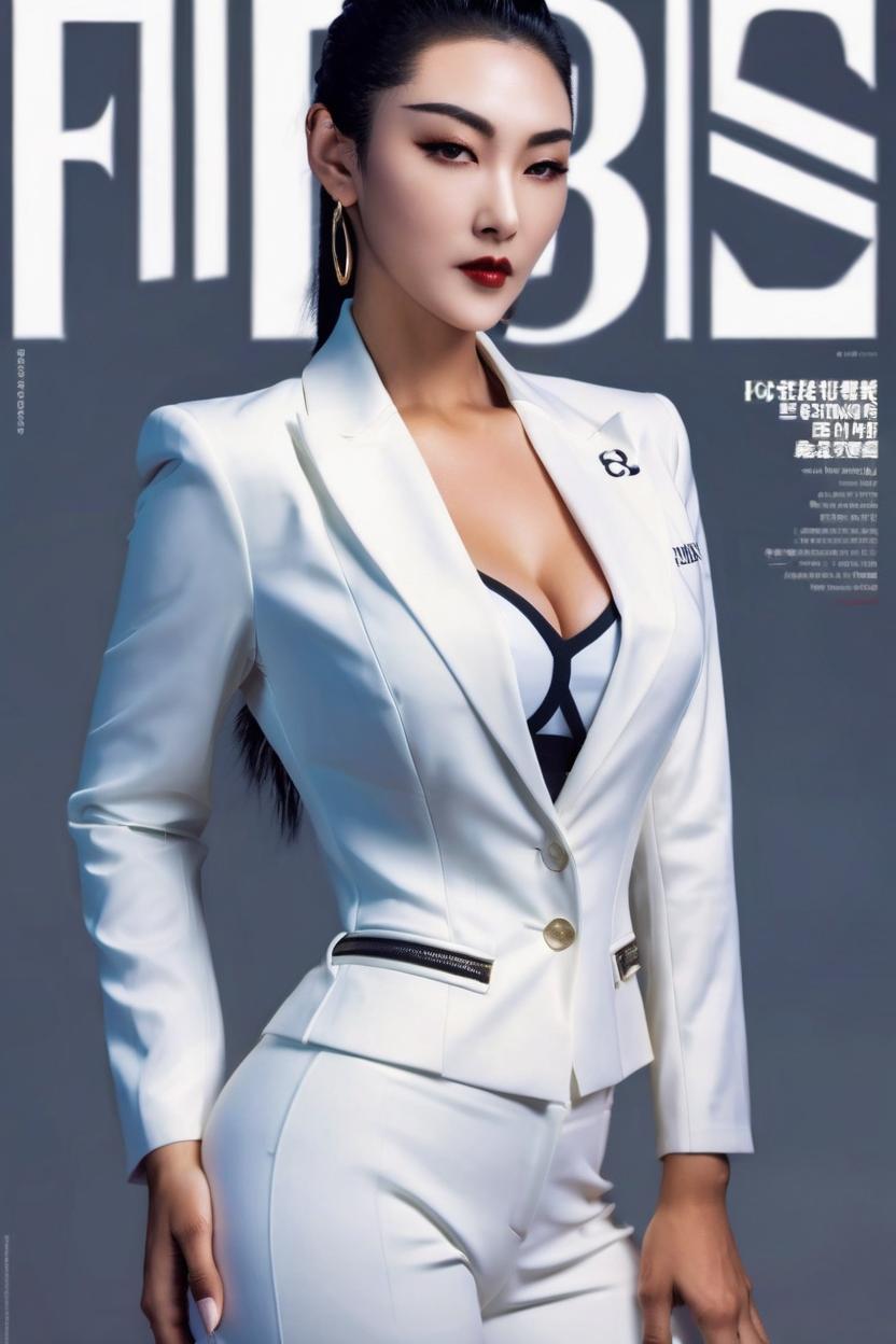 Artificial Intelligence (AI) generated image art, ... in a white tight business suit, outlining her fit strong and curvaceous half body with her hair slicked back on the cover of Forbes magazine with the title \\\'World\\\'s Most Powerful Women\\\"