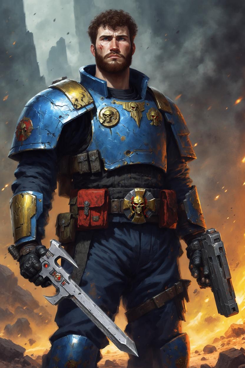 Artificial Intelligence (AI) generated image art, ..., as Ciaphas Cain, Hero of the Imperium, Seen here with his trusty bolt pistol, art by Artur Nakhodkin, by Sandy Mitchell, Warhammer 40K artwork