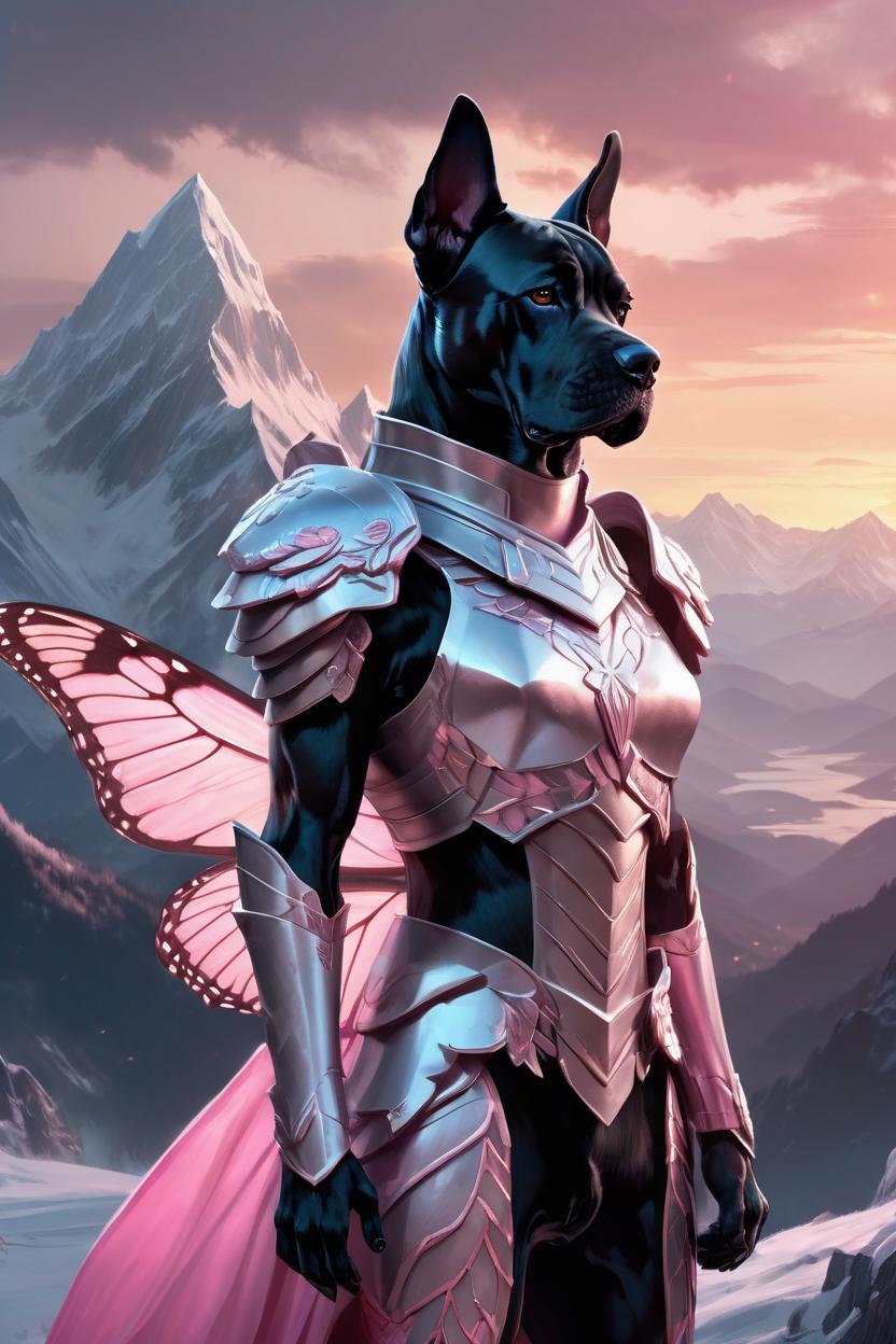 Artificial Intelligence (AI) generated image art, ..., (pink butterfly wings armour) , (pink and grey sunset), icy mountains in background,  by charlie bowater and zeen chin and terada katsuya, epic scene, epic light, fractals background, intricate detailed, fine details, artstation, masterpiece