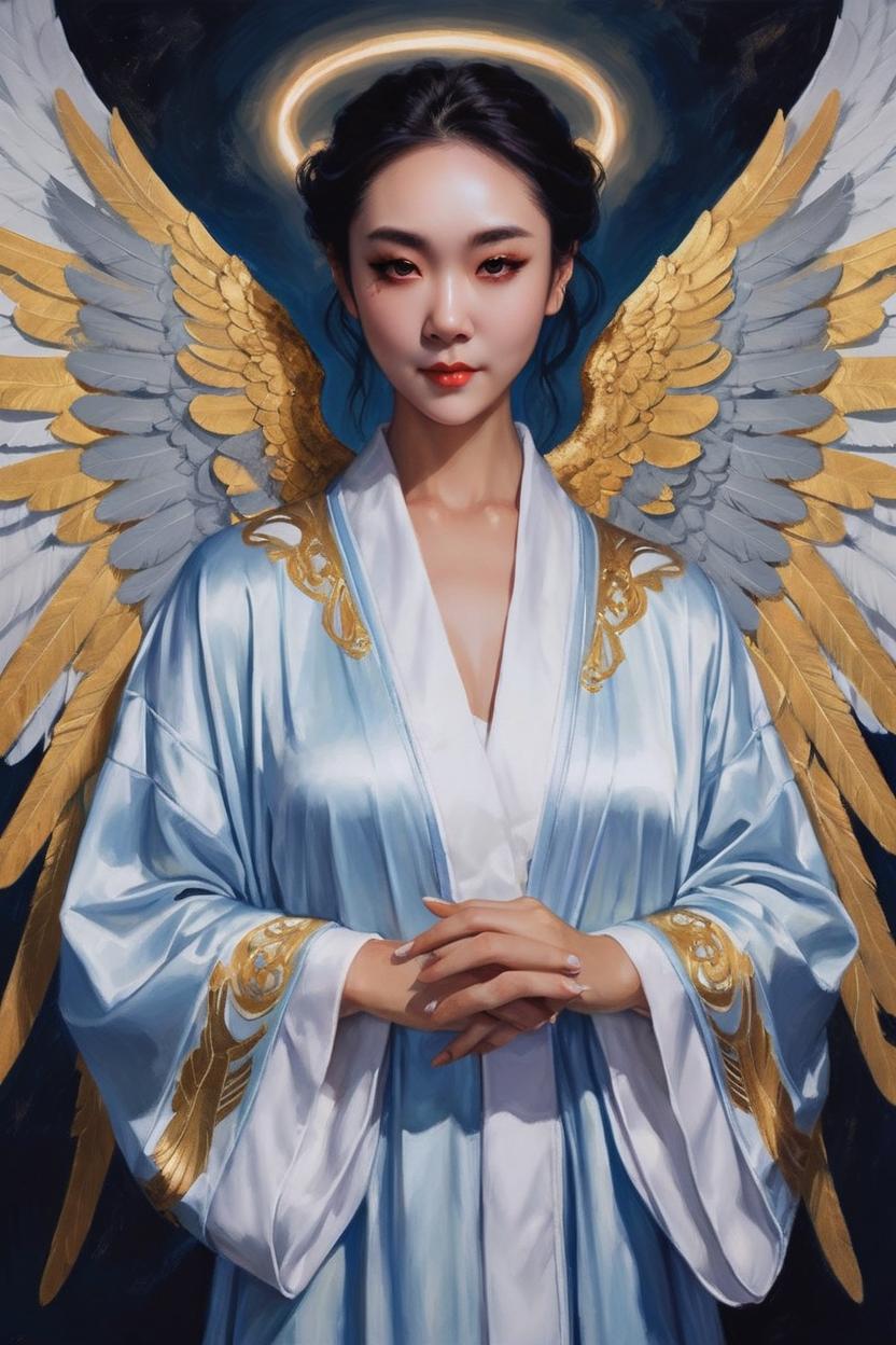 Artificial Intelligence (AI) generated image art, ... as an angel in robes, portrait, female, art by greg rutkowski, face, two symmetrical wings