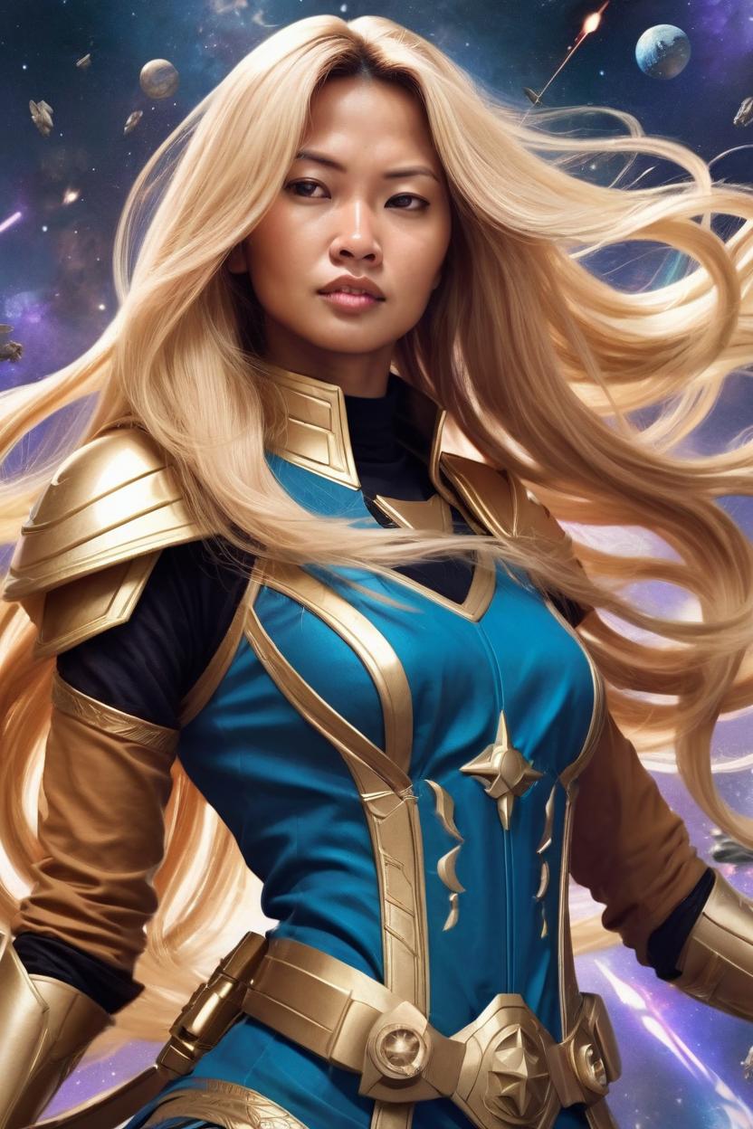 Artificial Intelligence (AI) generated image art, ... as galaxy empress, long flowy blond hair, tan skin, fighting in galactical wars, artistic illustration, majestic figure, comic style