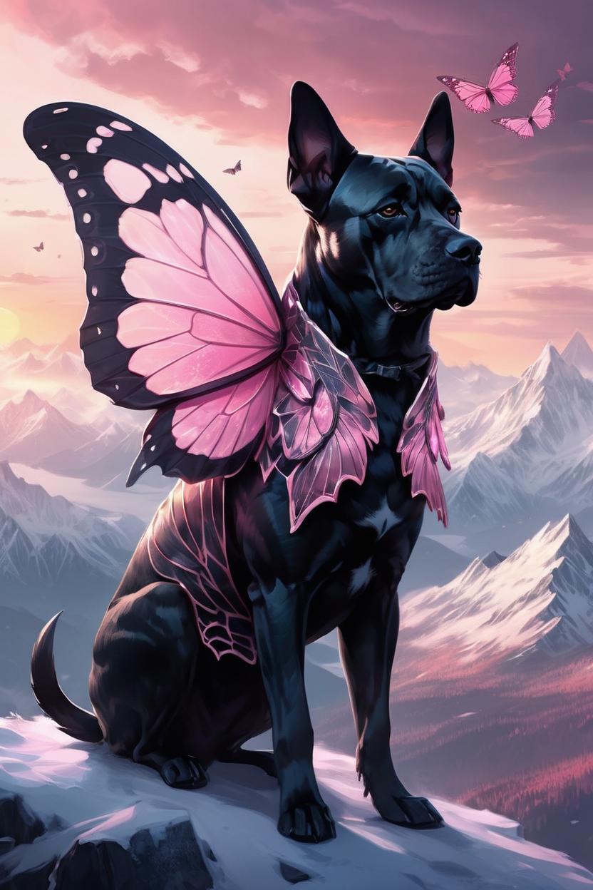 Artificial Intelligence (AI) generated image art, ..., (pink butterfly wings), (pink and grey sunset), icy mountains in background, by charlie bowater and zeen chin and terada katsuya, epic scene, epic light, fractals background, intricate detailed, fine details, artstation, masterpiece