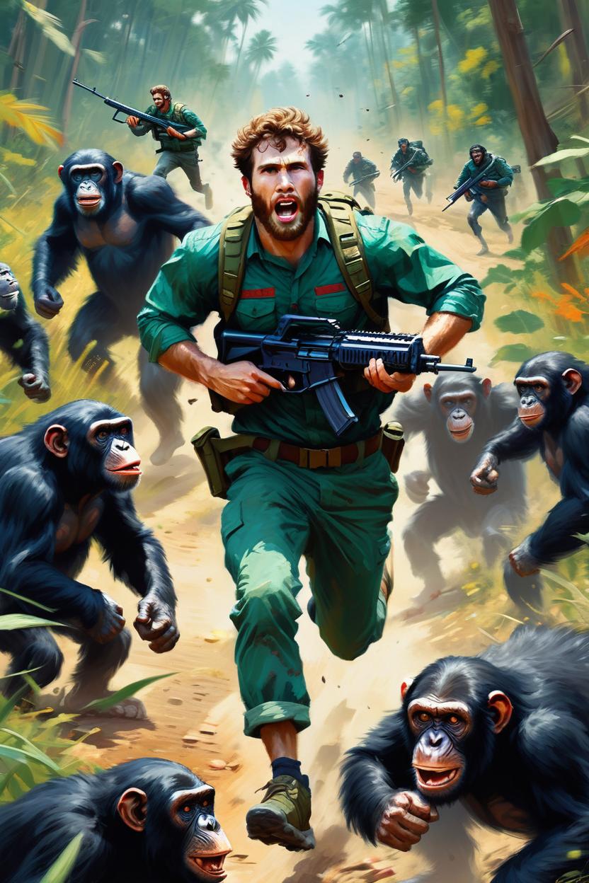 Artificial Intelligence (AI) generated image art, ..., running away from a chimpansee army with assault rifles, art by greg rutkowski, beautiful colors, masterpiece, award winning artwork