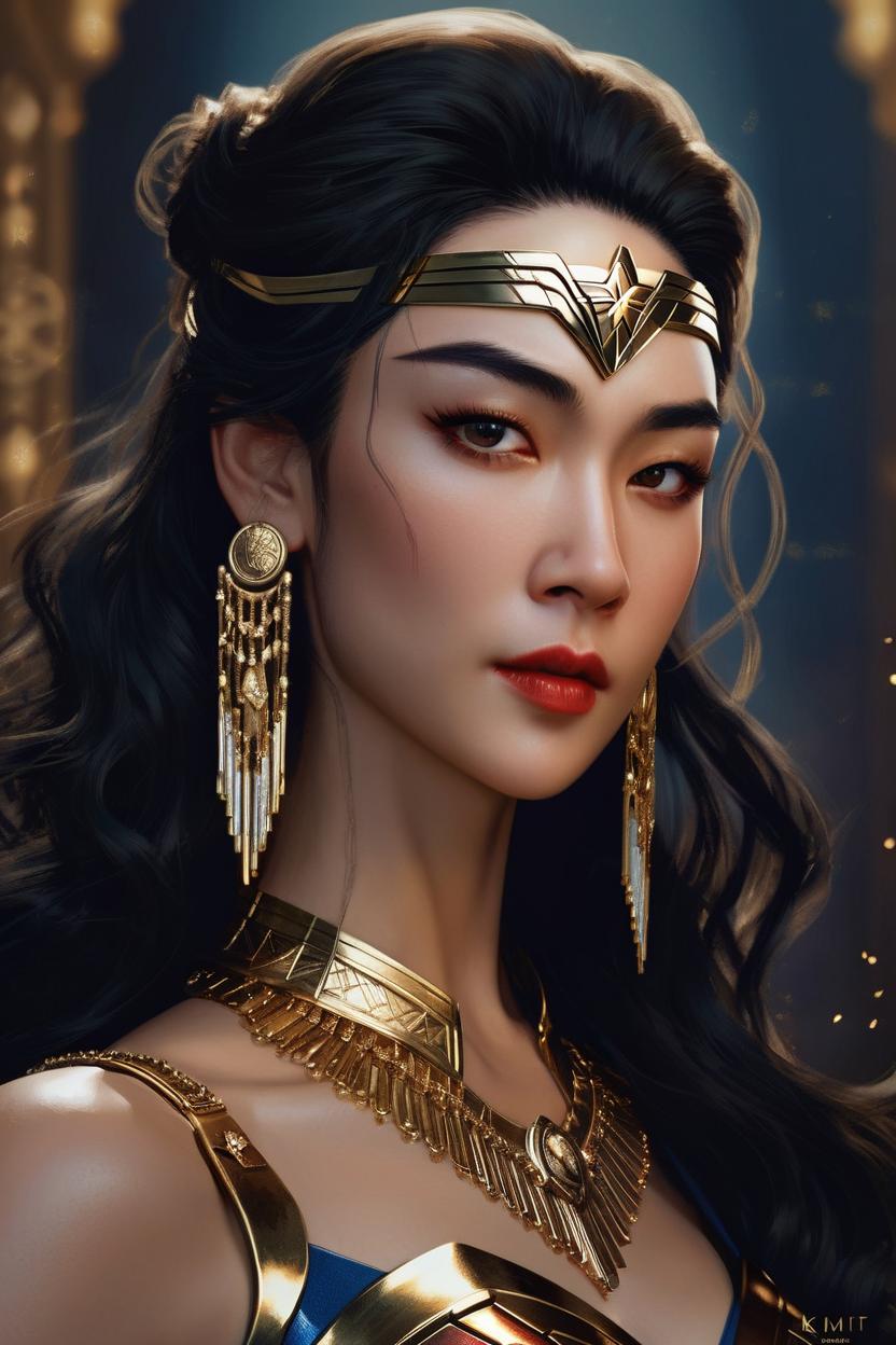 Artificial Intelligence (AI) generated image art, ..., as wonder woman, ((portrait)), elegant, photorealistic, highly detailed, artstation, smooth, gold ornaments, smooth lighting, sci-fi, art by Klimt