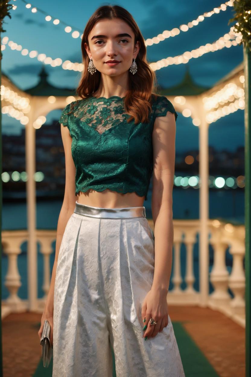 Artificial Intelligence (AI) generated image art, ((...)), Wearing a lace top in classic white, cap sleeves and a boat neck. The top is made of intricate lace and includes scalloped edges. It features a cropped, fitted design and is accentuated with a back zipper. Paired with a pleated midi skirt in emerald green. These bottoms are A-line with a high-waisted design and made of satin. They include a smooth waistband. Completing the look with strappy sandals in silver leather, featuring rhinestones. Accessories include a pearl earrings, and a clutch in emerald satin, adding a touch of glamour. Standing under a gazebo adorned with fairy lights, during twilight. Extremely detailed photograph, stunning quality, beautiful lighting, creating a masterpiece, award-winning photograph