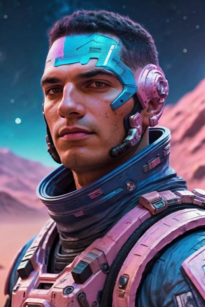 Artificial Intelligence (AI) generated image art, ..., (portrait), pink, space soldier, (((one person))), on alien planet, concept art, by Greg Rutkowski, blue sunset, highly detailed, close up, epic