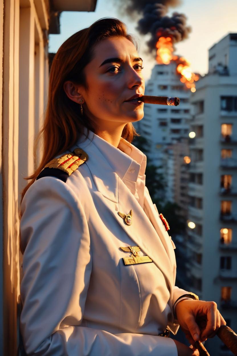 Artificial Intelligence (AI) generated image art, ..., as tropical dictator, art by greg rutkowski, in uniform smoking a cigar, relaxed, on a balcony, explosions in city