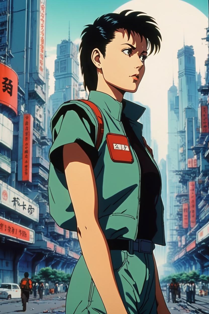 Artificial Intelligence (AI) generated image art, ..., (akira 1988 anime film), portrait, scifi city landscape, 90s anime style