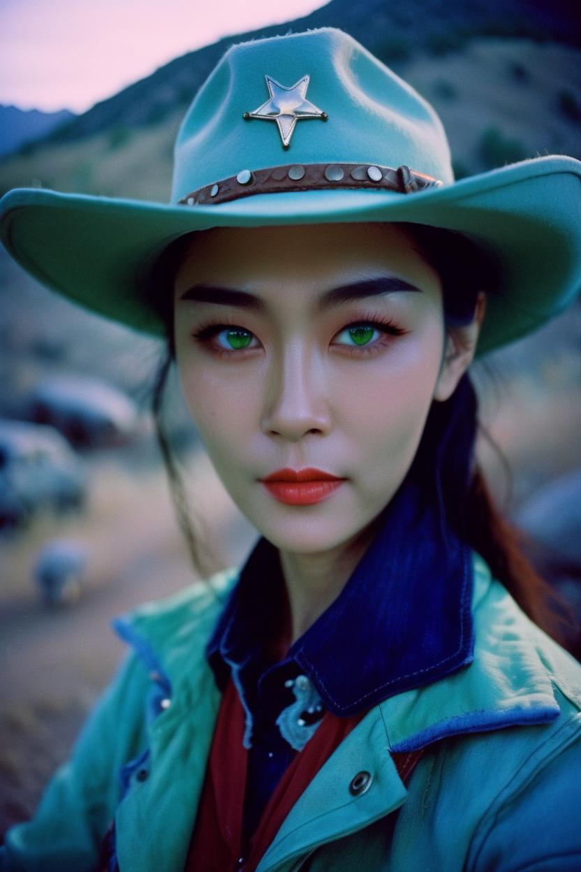 Artificial Intelligence (AI) generated image art, ... as cowboy, woman, wearing a hat, cinematic, blue hour, in wild west mountains, Kodak Portra 800 film SMC Takumar 35mm f/ 2. 8 c 50, detailed face, red hai, light green eyes.