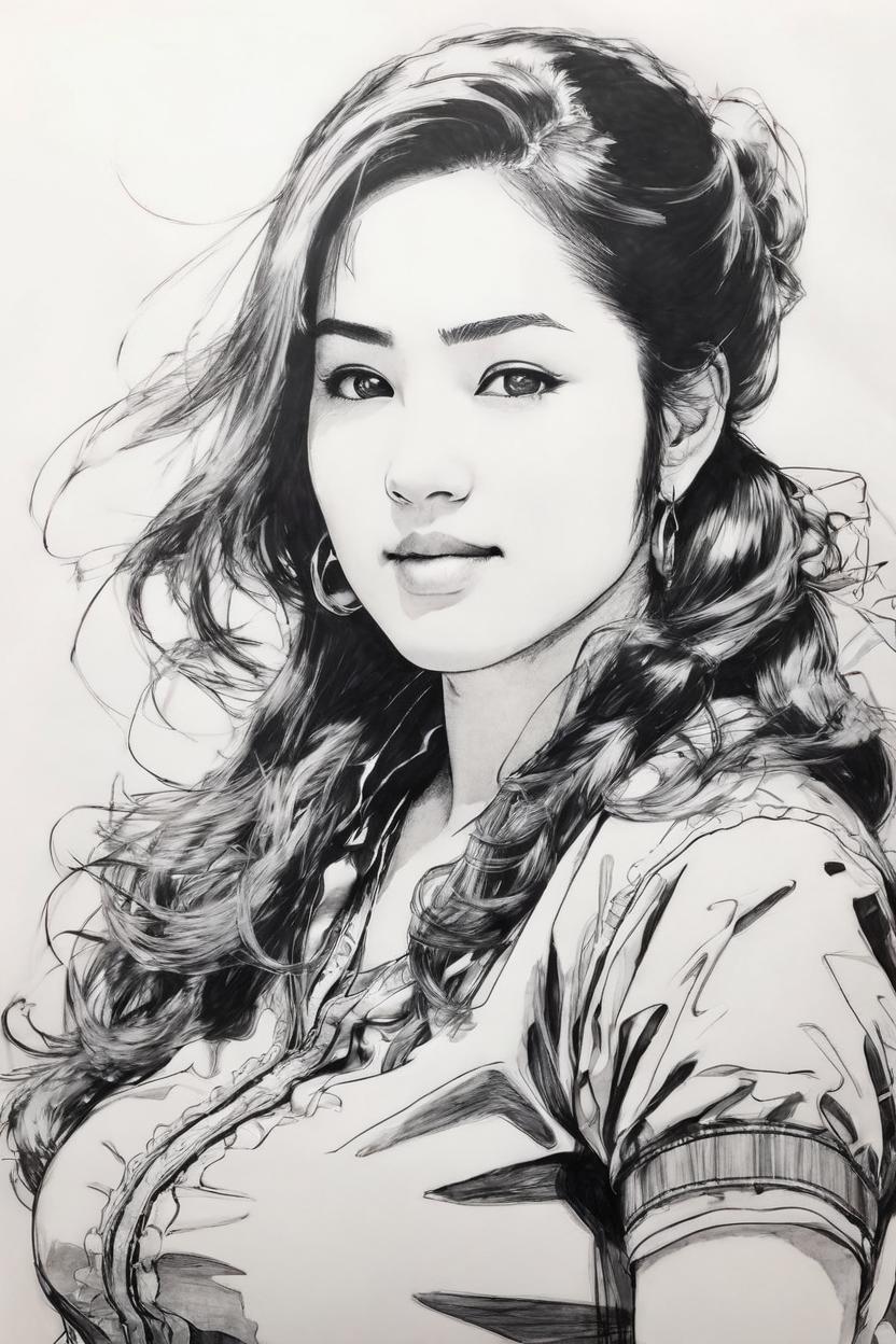 Artificial Intelligence (AI) generated image art, ..., yoji shinkawa, b&w, pencil drawing, ink, manga, concept art