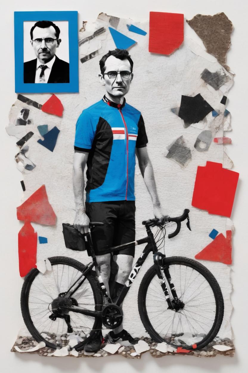 Artificial Intelligence (AI) generated image art, ((..., dada portrait, as age 30, art by Lubaina Himid, cut up portrait, black and white photo)), red and blue accent colours, cycling, mountain bike, texture, found objects, Objet Trouvé