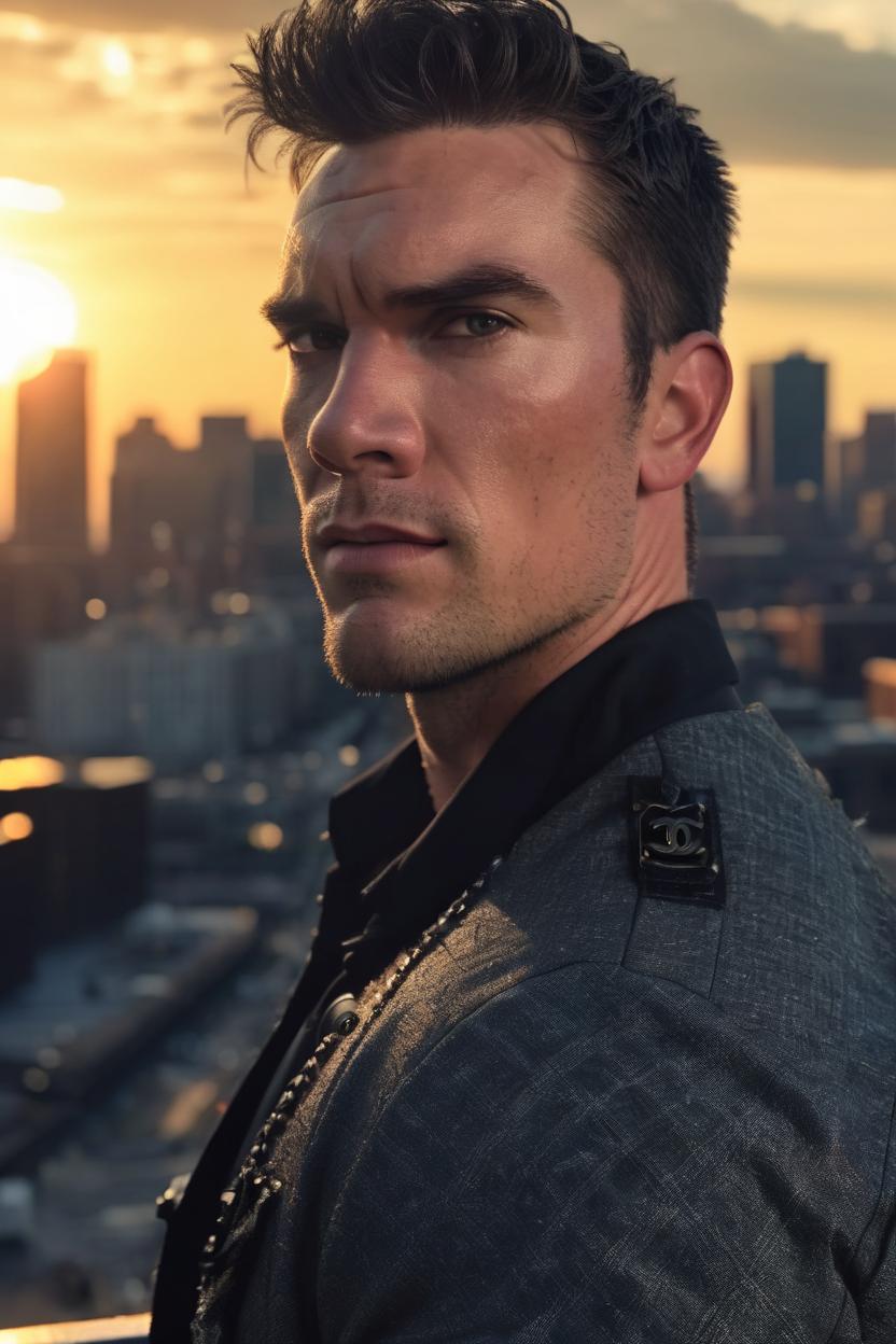 Artificial Intelligence (AI) generated image art, ..., as a Chanel model, rugged, portrait looking away, city background, epic, cinematic lighting, sunser, sunset,  4k, sharp focus, art by greg rutkowski