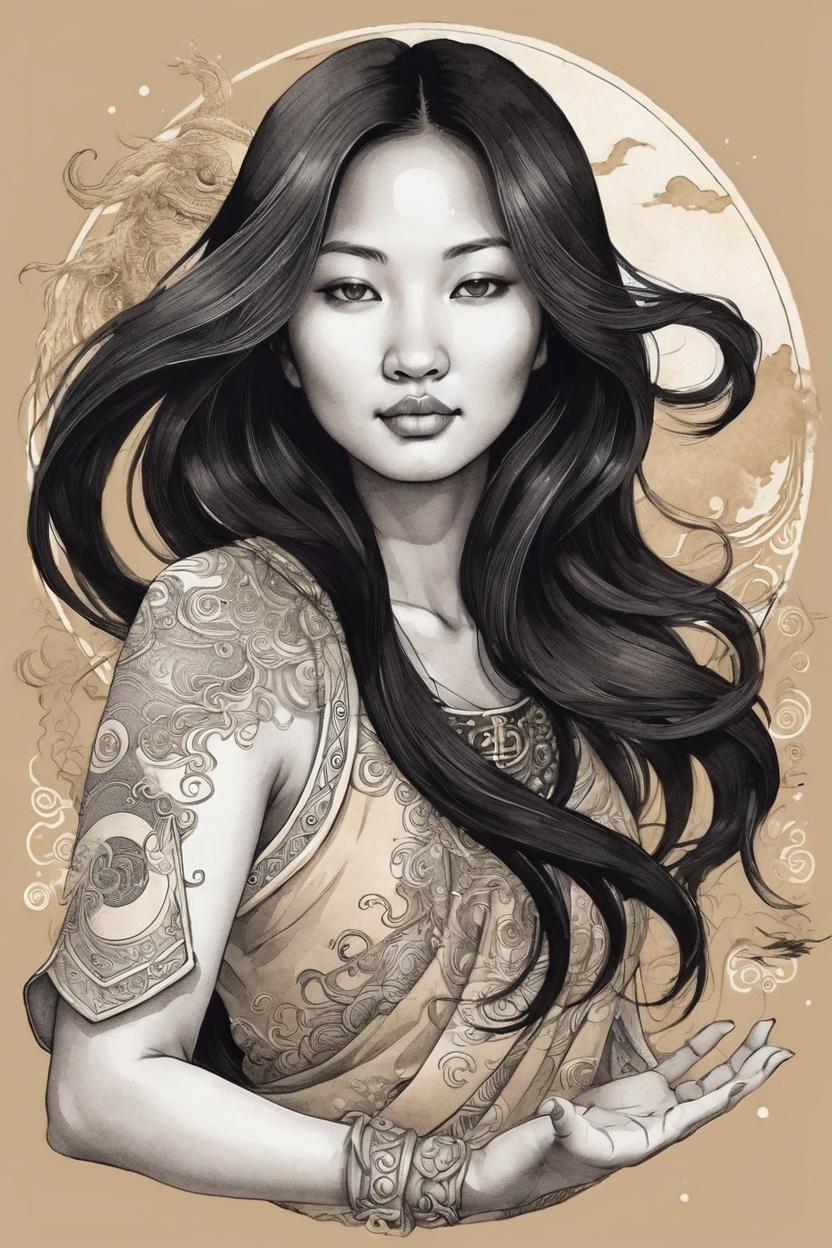 Artificial Intelligence (AI) generated image art, ... as asian goddess, yin and yang, beautiful, black long hair, tan skin, in heaven, ink illustration, detailed, artistic