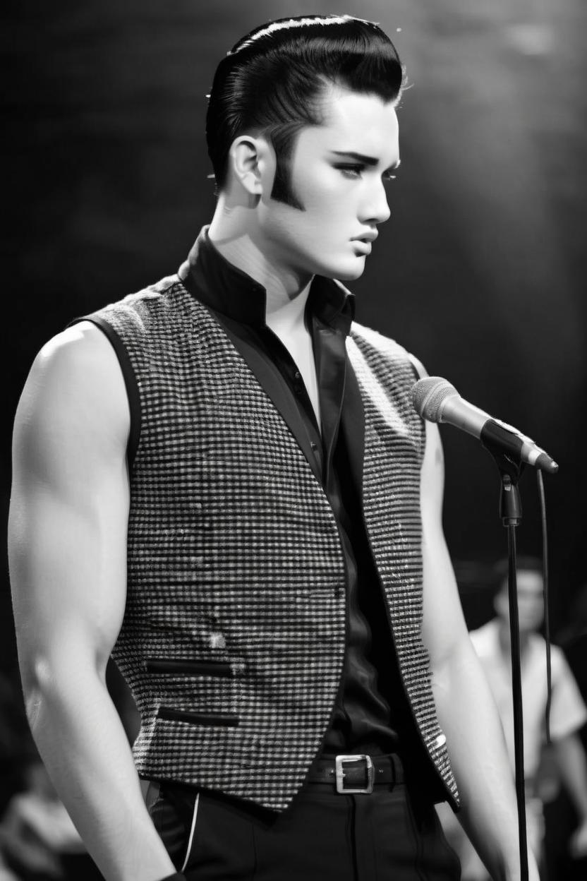 Artificial Intelligence (AI) generated image art, ..., New wave styled, on stage with microphone on microphone stand, Elvis styled hair slicked back but modern day designer clothes, black and white photoshoot, on stage, vogue quality photo, detailed, realistic,