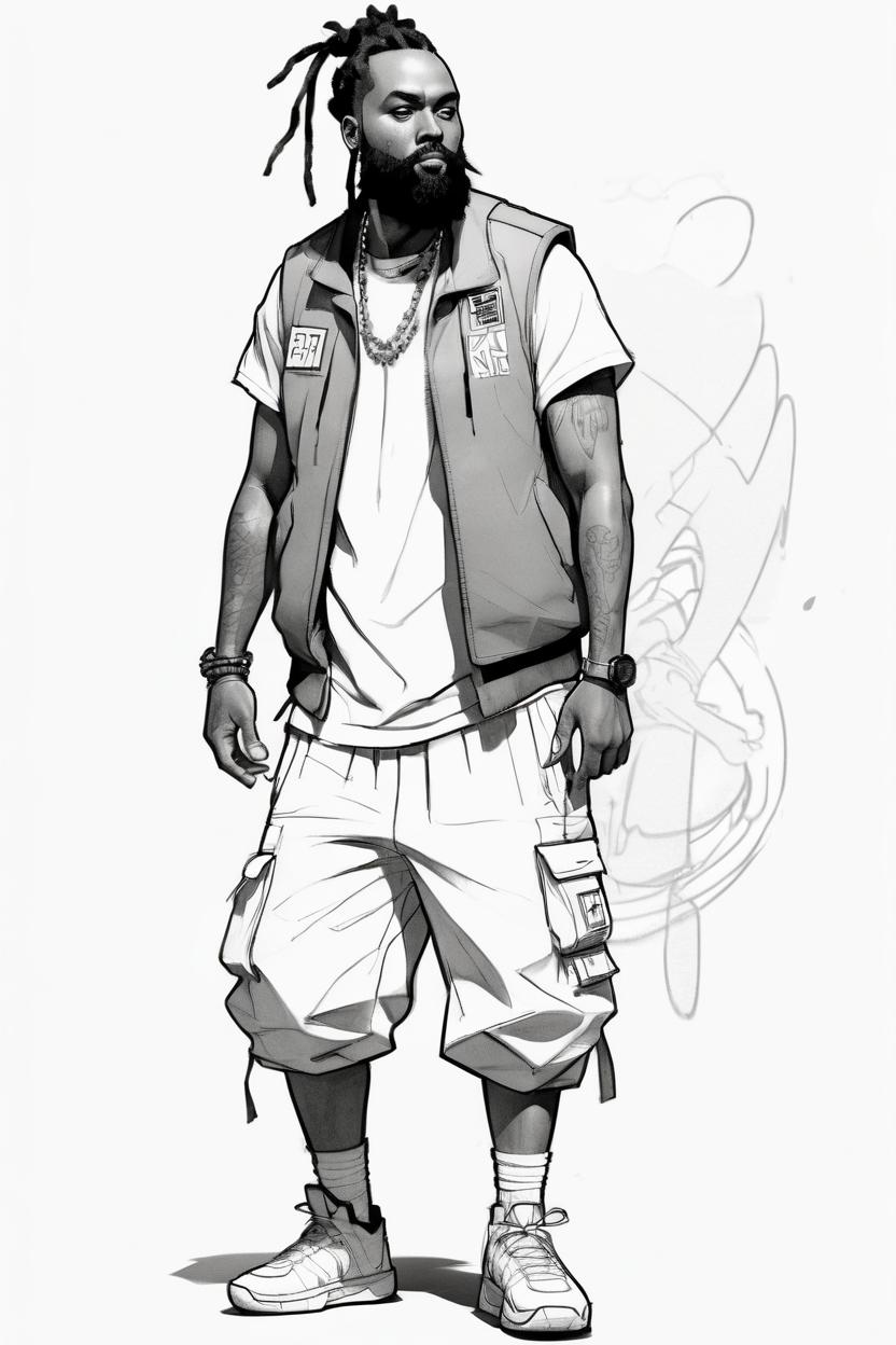 Artificial Intelligence (AI) generated image art, ..., character design sheet, concept art, rough sketch outline, very wide side angle view, white basketball sneakers, ample body, barrel-chested man with big full beard, walking, dreadlocks in a bun, detailed full body, masculine features, sturdy body, command presence, royalty, smooth, sharp focus, organic, white background, style of yoji shinkawa, 3 sketch lineart for character design, pencil sketch, scripples