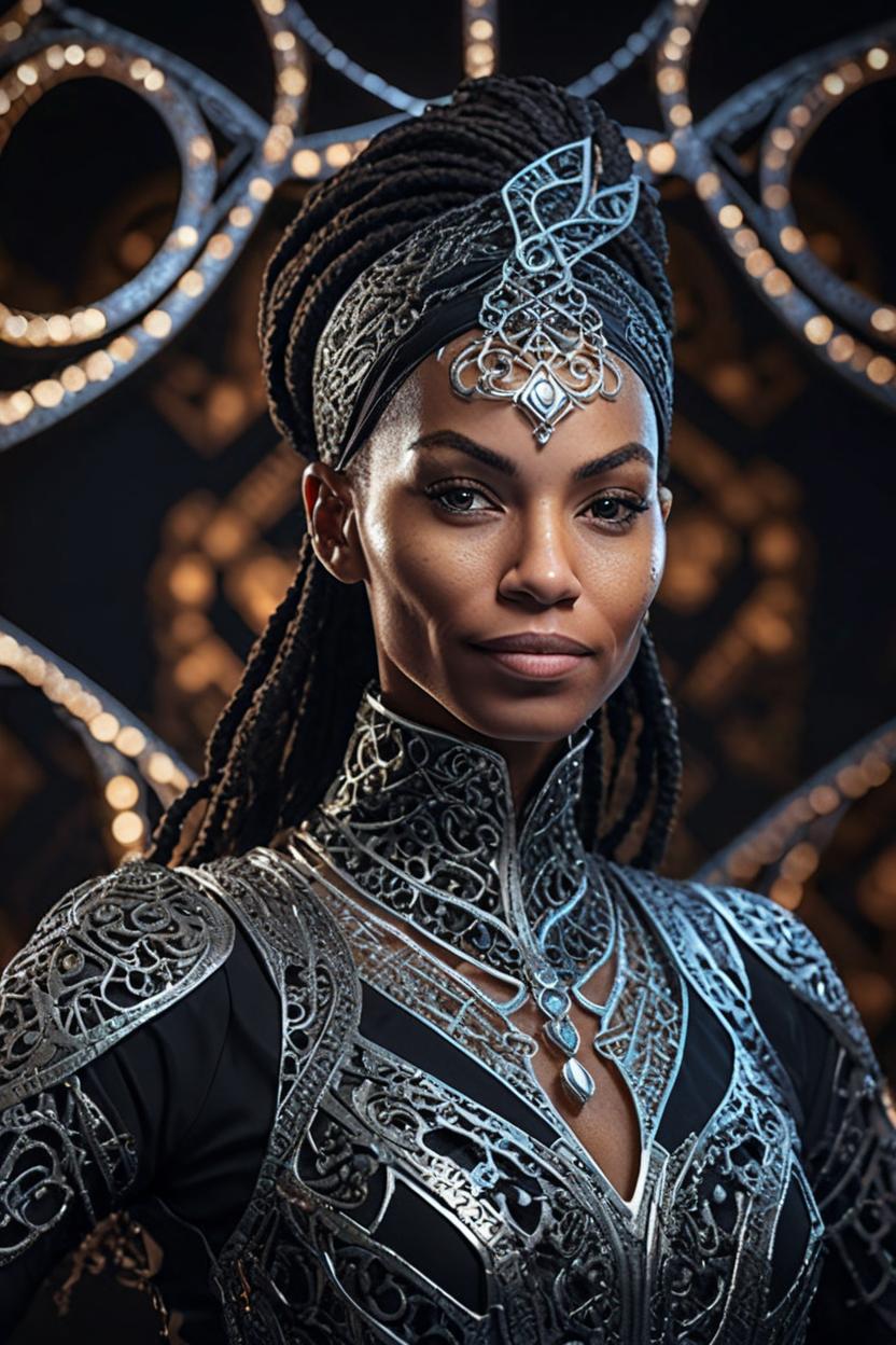 Artificial Intelligence (AI) generated image art, ...,portrait of a magical futuristic arabesque, hdr, immerse in black atmosphere, Gorgeous woman made of vanilla metal, ultra realistic, intricate detail, museum dark background lighting, 3d intricate, award winning photography, lensed by a famous modern photographer, soft studio lighting, photorealistic, octane render, cinematic lighting, volumetric lighting, cinematic, 8K