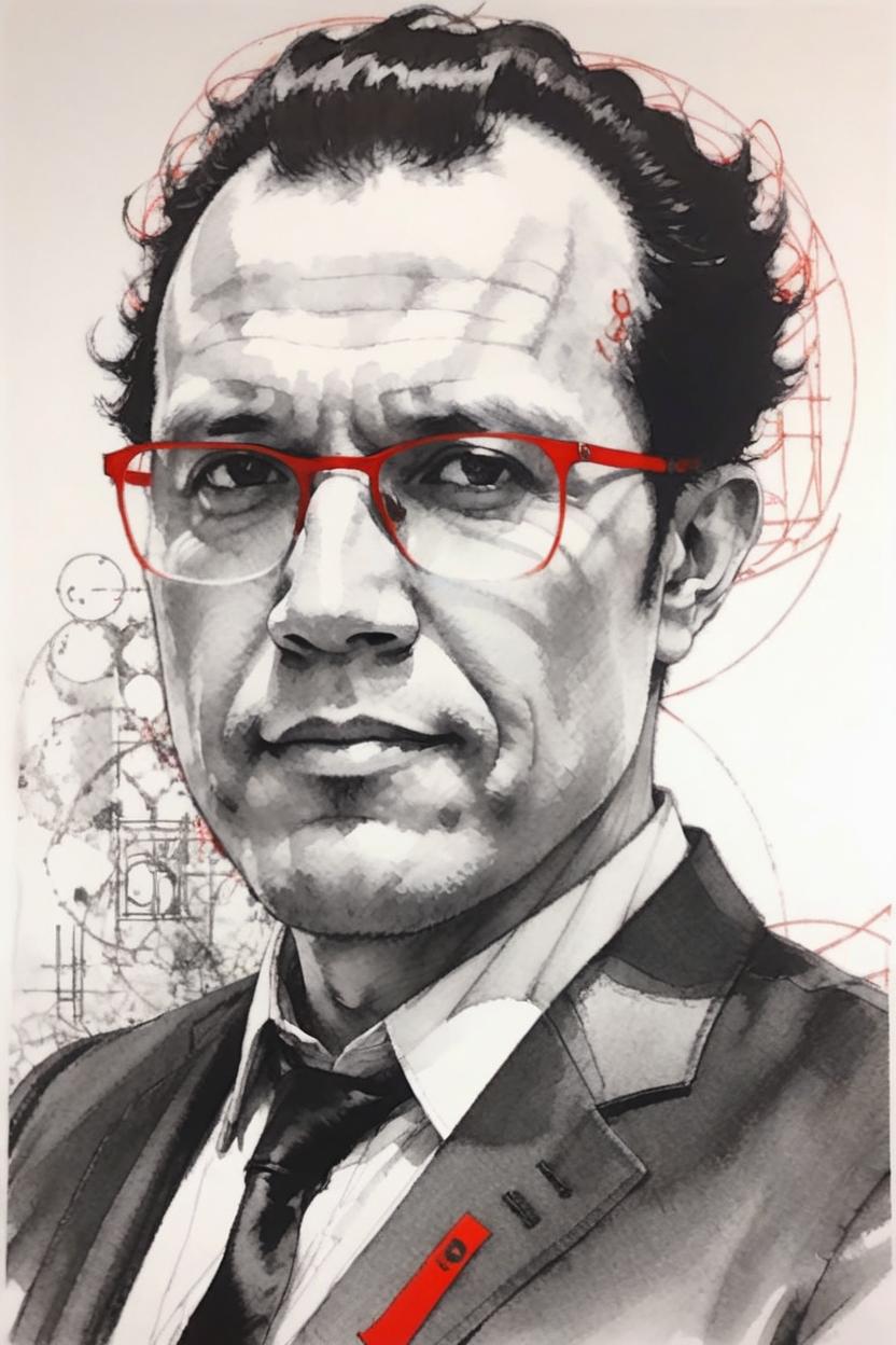 Artificial Intelligence (AI) generated image art, ..., mystical billionaire, yoji shinkawa, b&w, pencil drawing, ink, manga, concept art, black and red ink