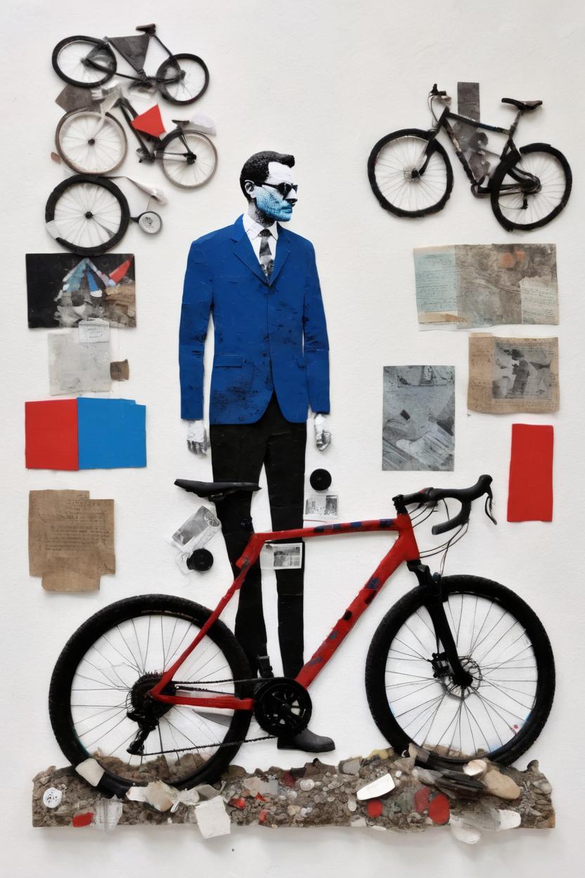 Artificial Intelligence (AI) generated image art, ((..., dada portrait, art by Lubaina Himid, cut up portrait, black and white photo)), red and blue accent colours, cycling, mountain bike, texture, found objects, Objet Trouvé