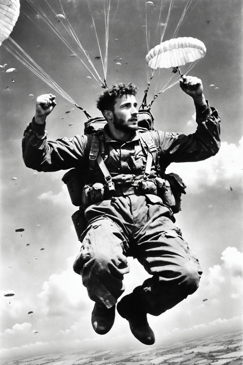 Artificial Intelligence (AI) generated image art, ..., as paratrooper solider in the sky, ww2 parachute landing operation in normandy, parachutes and planes all around him in the sky, black and white photograph from 1944