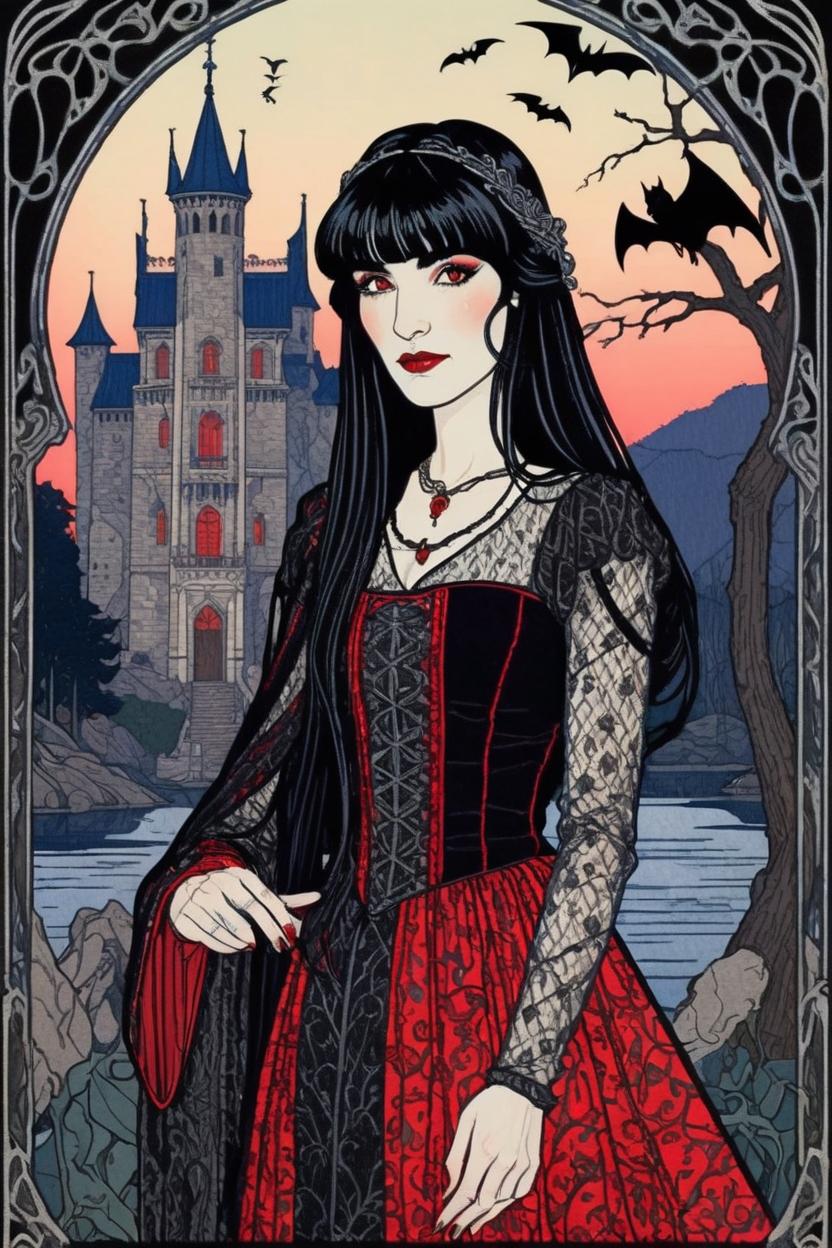 Artificial Intelligence (AI) generated image art, (*...*), portrait, artwork by Ivan Bilibin, Art Nouveau, tarot card, goddess, the lovers, gothic castle in background, black hair, as a vampire, bats, red and black dress