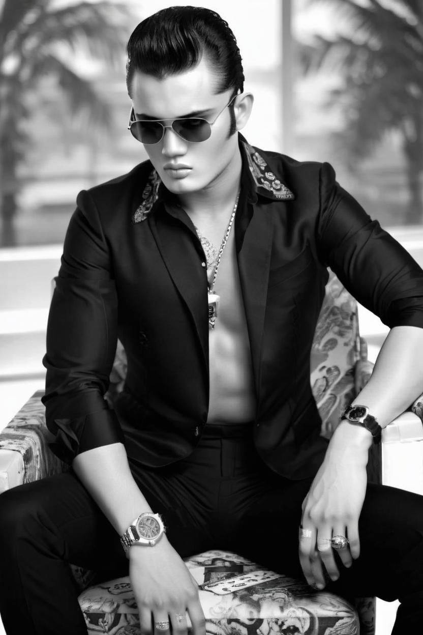 Artificial Intelligence (AI) generated image art, ..., photoshoot for album, expensive black suite, Rolex gold watch, gucci sunglasses, shirt unbuttoned, sitting on chair, album cover, hair slicked back, cigarette in mouth, 50’s Elvis vibe, black and white, modeling