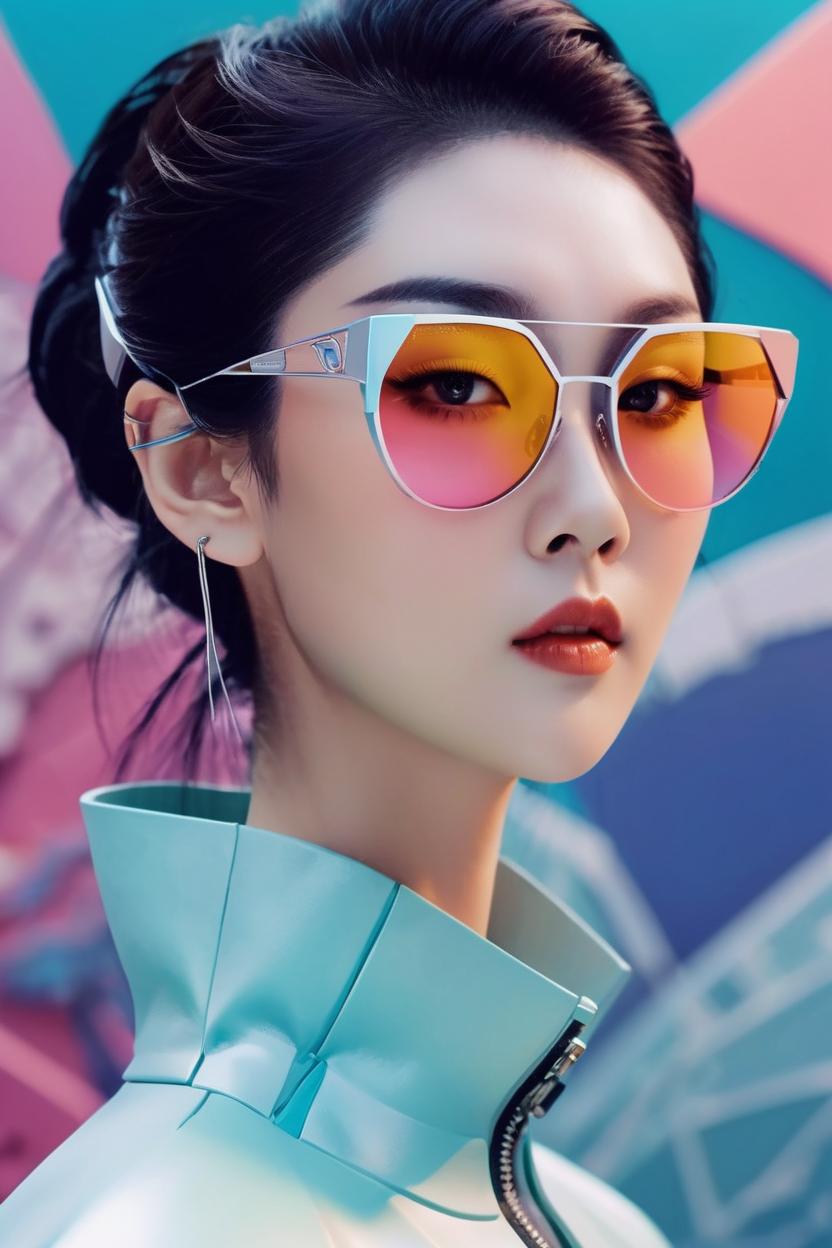 Artificial Intelligence (AI) generated image art, ..., pastel colored paper art illustration, forward facing fashion portrait of beautiful woman wearin futuristic sunglasses by Zhang Jingna with amazing background, ultra sharp, detailed, 8k, anime, artistic, rgb, platinum