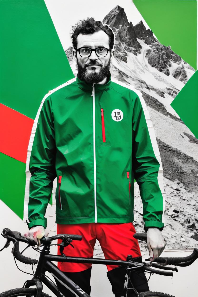 Artificial Intelligence (AI) generated image art, ((..., dada portrait, as age 25, art by Lubaina Himid, cut up portrait, black and white photo)), red and green accent colours, cycling, mountain bike, texture, found objects, Objet Trouvé