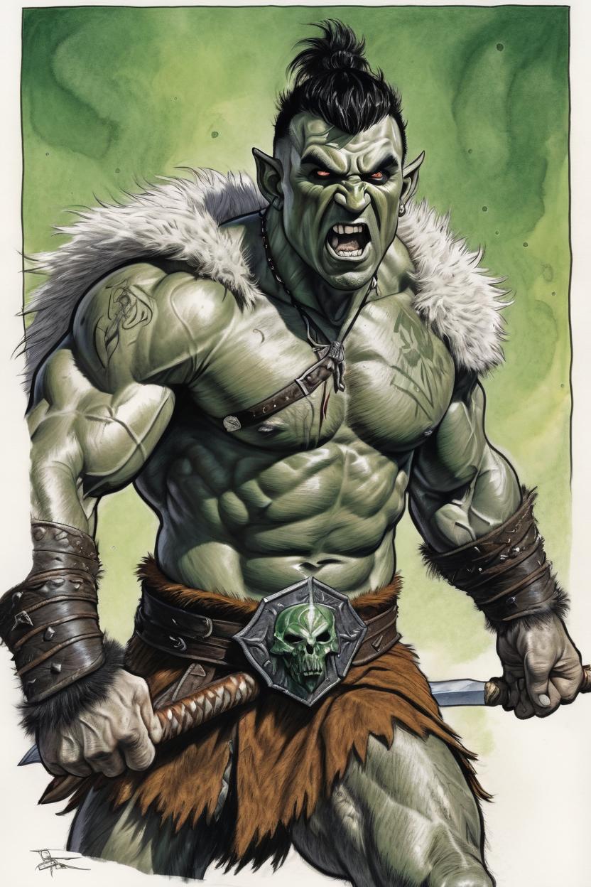 Artificial Intelligence (AI) generated image art, ..., as a dnd orc barbarian, wearing a fur loincloth, very muscular, hairy chest, charging into battle, art by larry elmore, dragonlance chronicles coverart, colored pencil and ink drawing, highly detailed, with black hair in a topknot, with greenish grey skin, large fangs, screaming in rage